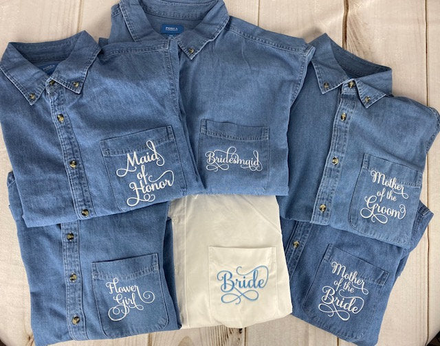 Wedding Party Shirts | Embroidered Pocket + Optional Cuff l Denim Shirts | Mother of the Bride - Bridesmaids | Button Down Shirt