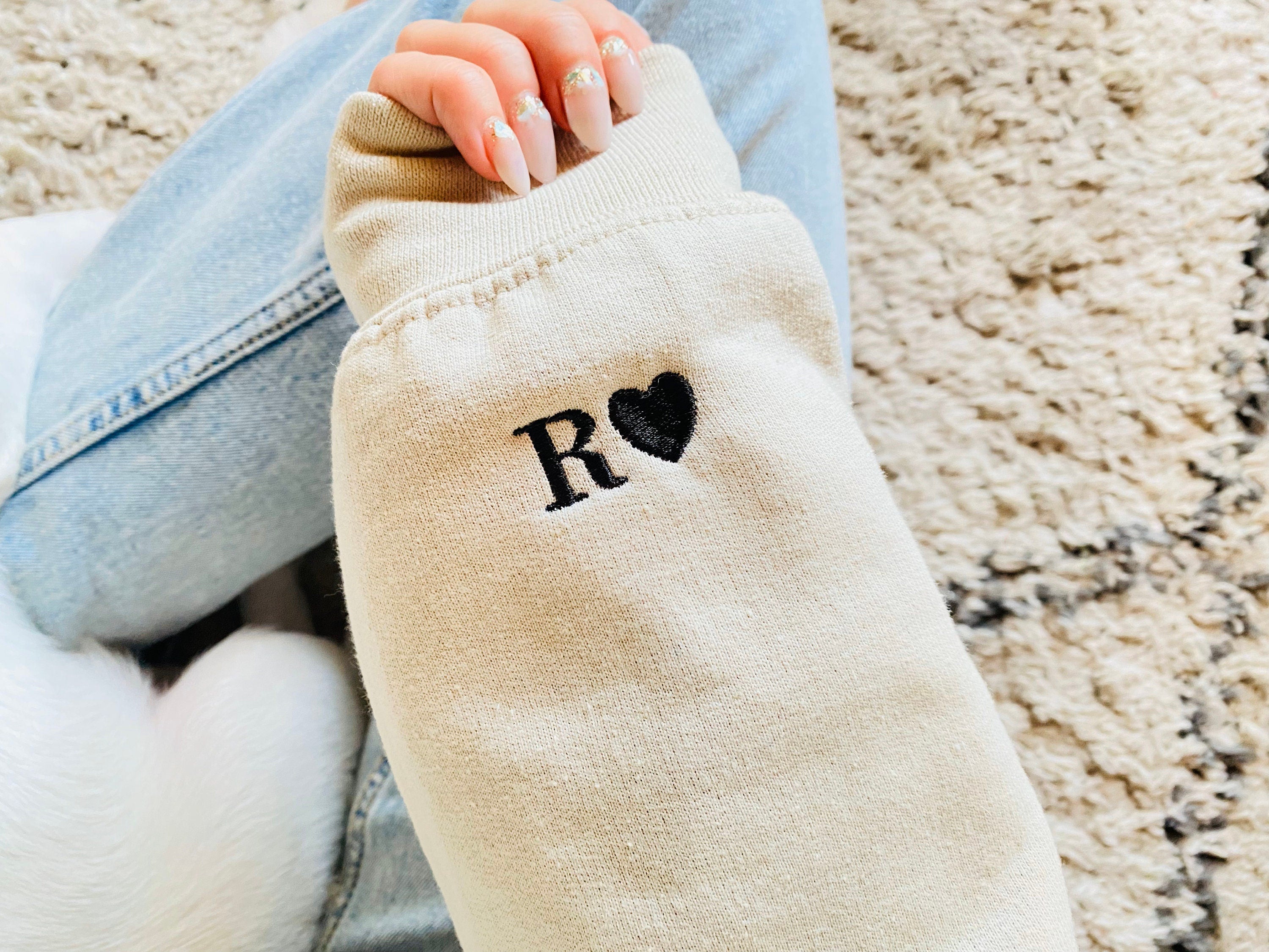 Custom Embroidered Initial Heart Sweatshirt, Valentines Day, Couple Crewneck, Initial On Sleeve, Couple's Shirt, Anniversary Gift,