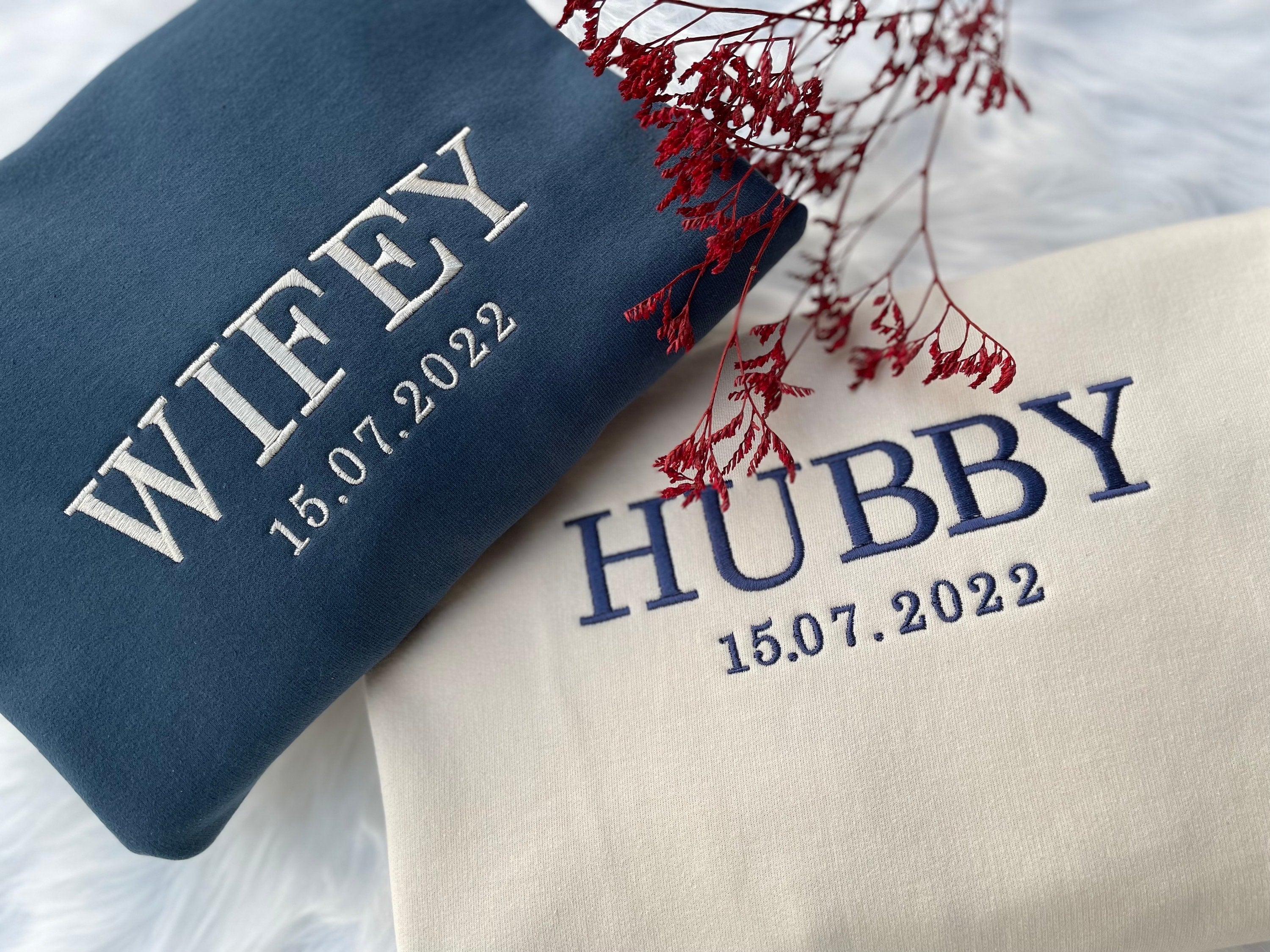Custom Wifey and Hubby Embroidered Sweatshirt Hoodie Matching Valentine Wedding Gifts