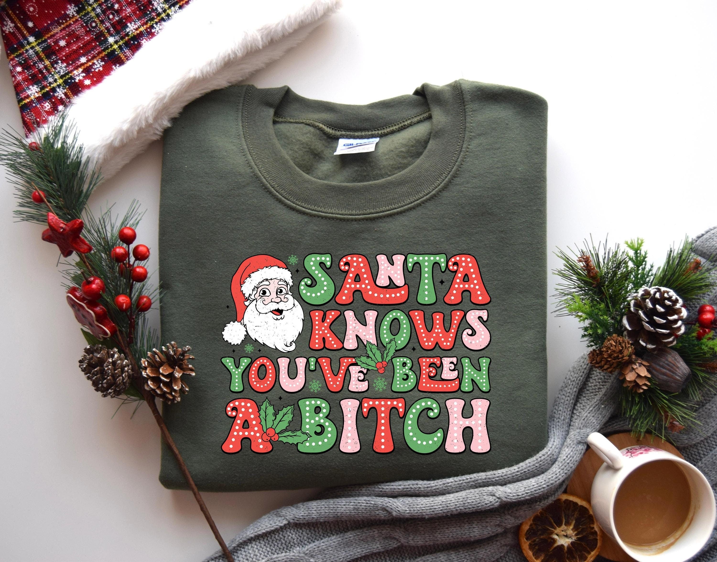 Funny Santa Shirt, Santa Knows You've Been Bitch Shirt, Sarcastic Christmas Shirt, Adult Humor Christmas Shirt, Holiday Sweater,Winter Shirt