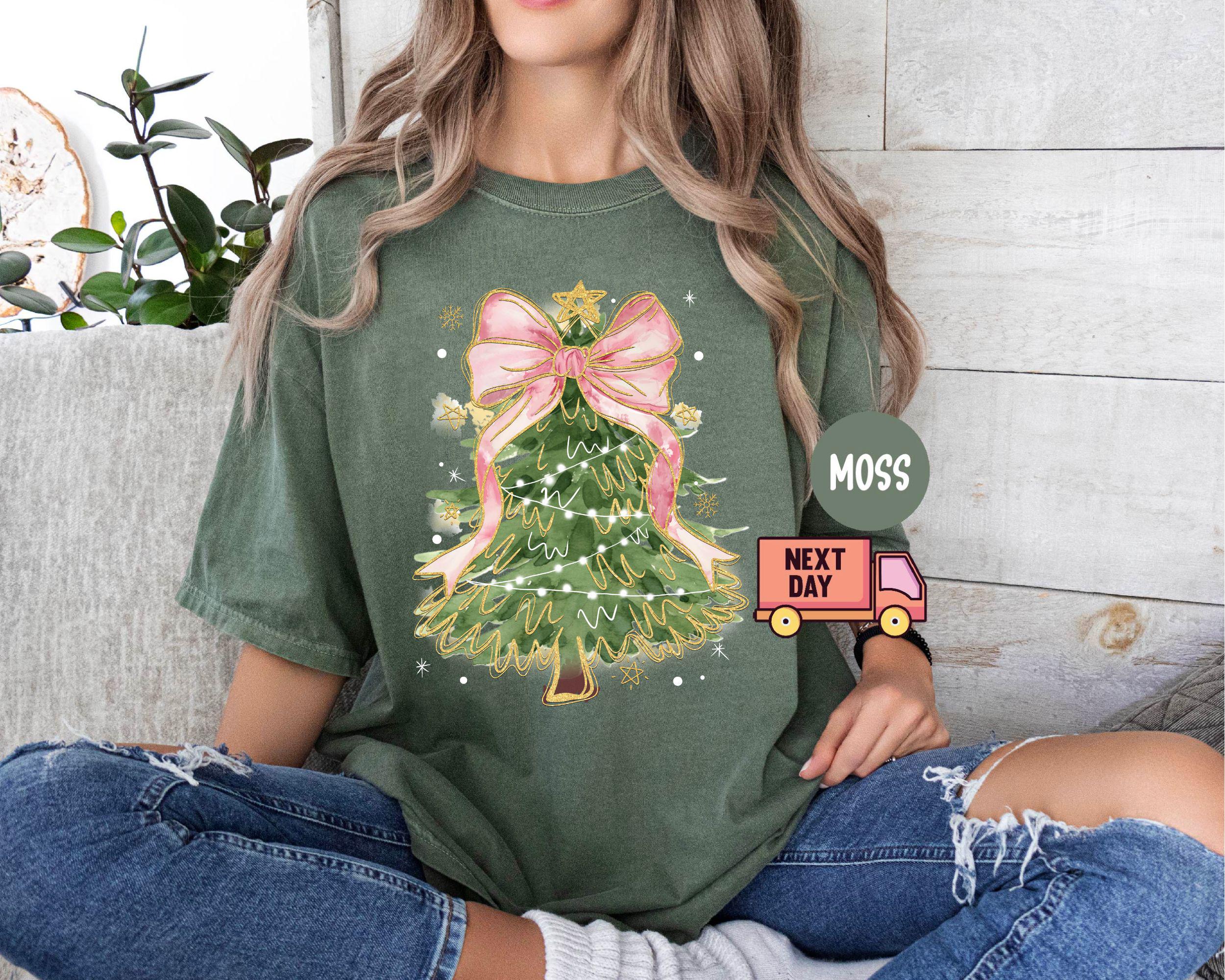 Comfort Colors® Christmas Tree Bow Shirt, Christmas Sweatshirt for Women, Christmas Tree Tshirt, Christmas Coquette Mom Gift,Christmas Shirt
