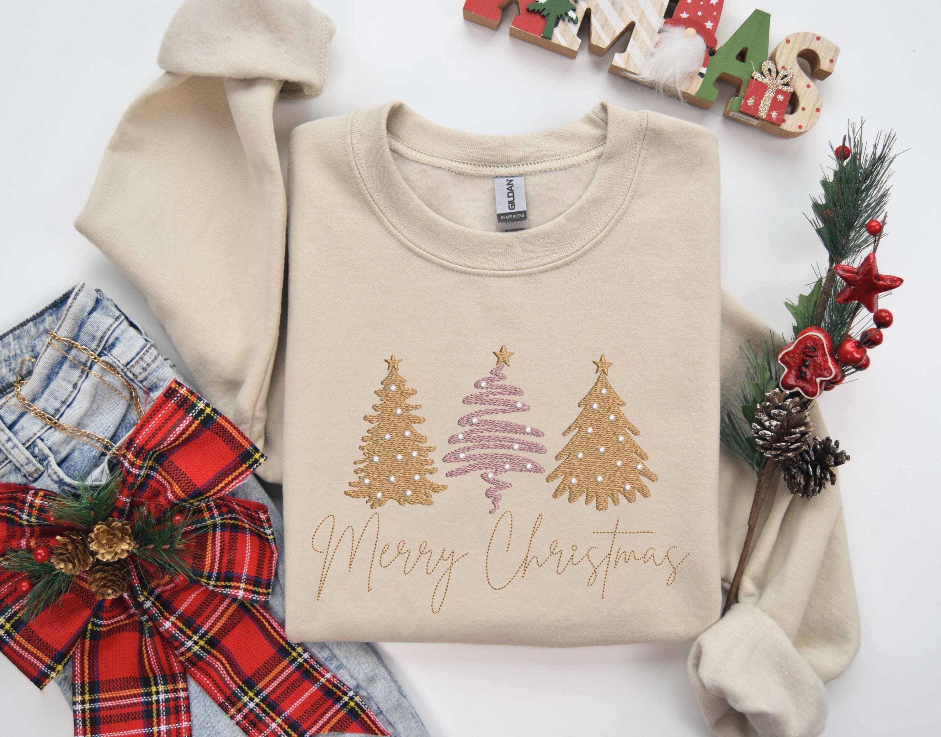 Merry Christmas Embroidered Shirt, Tis The Season Christmas Sweatshirt, Embroidered Christmas Trees, Believe Christmas, Merry And Bright Tee