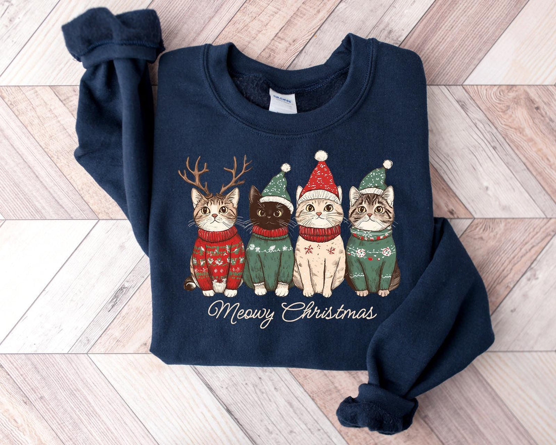 Meowy Christmas Shirt, Cat Christmas Sweatshirt, Cat Lover Xmas T-Shirt, Christmas Cat Mom Sweater, Catmas Gift For New Year, Xmas Crewneck