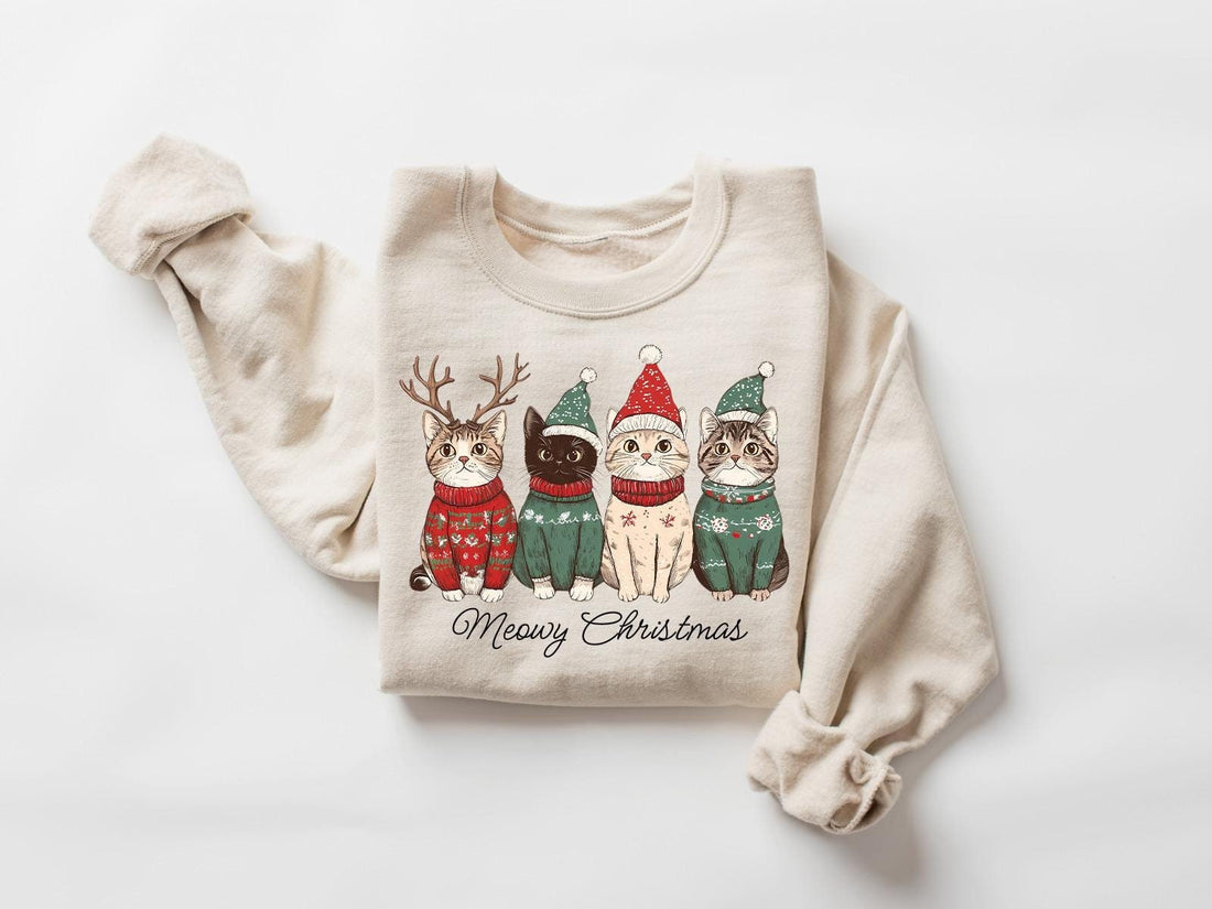 Meowy Christmas Shirt, Cat Christmas Sweatshirt, Cat Lover Xmas T-Shirt, Christmas Cat Mom Sweater, Catmas Gift For New Year, Xmas Crewneck