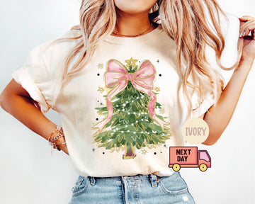 Comfort Colors® Christmas Tree Bow Shirt, Christmas Sweatshirt for Women, Christmas Tree Tshirt, Christmas Coquette Mom Gift,Christmas Shirt