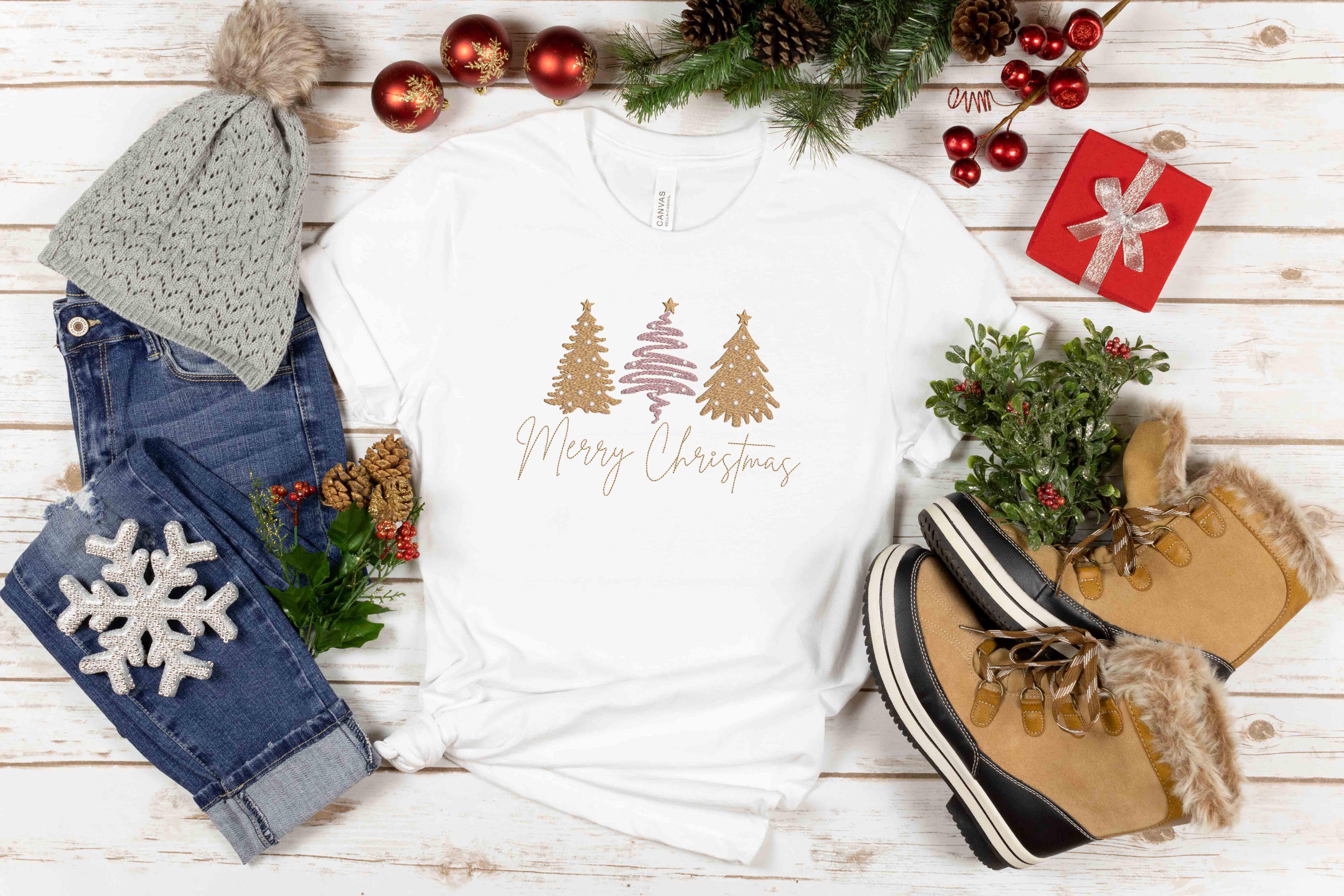 Merry Christmas Embroidered Shirt, Tis The Season Christmas Sweatshirt, Embroidered Christmas Trees, Believe Christmas, Merry And Bright Tee