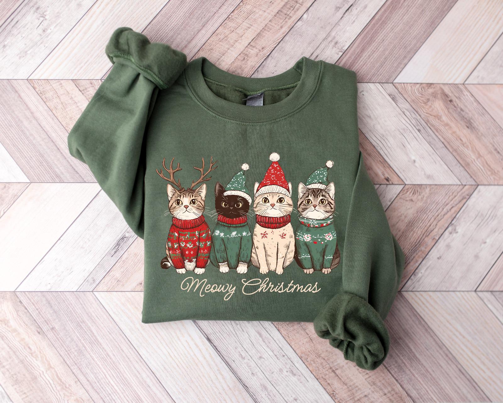 Meowy Christmas Shirt, Cat Christmas Sweatshirt, Cat Lover Xmas T-Shirt, Christmas Cat Mom Sweater, Catmas Gift For New Year, Xmas Crewneck
