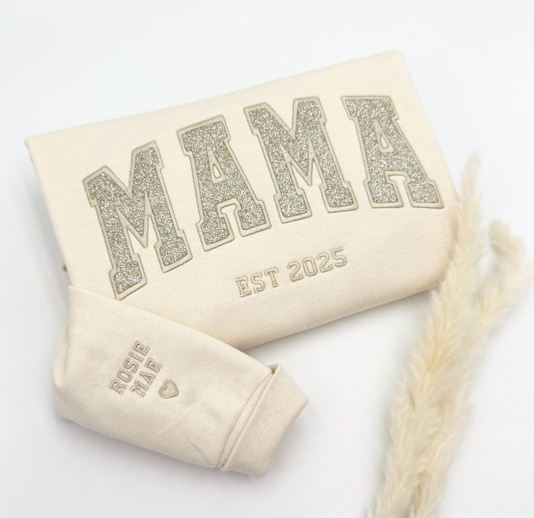 Custom Glitter Embroidered Mama Sweatshirt: Personalized Kids' Names