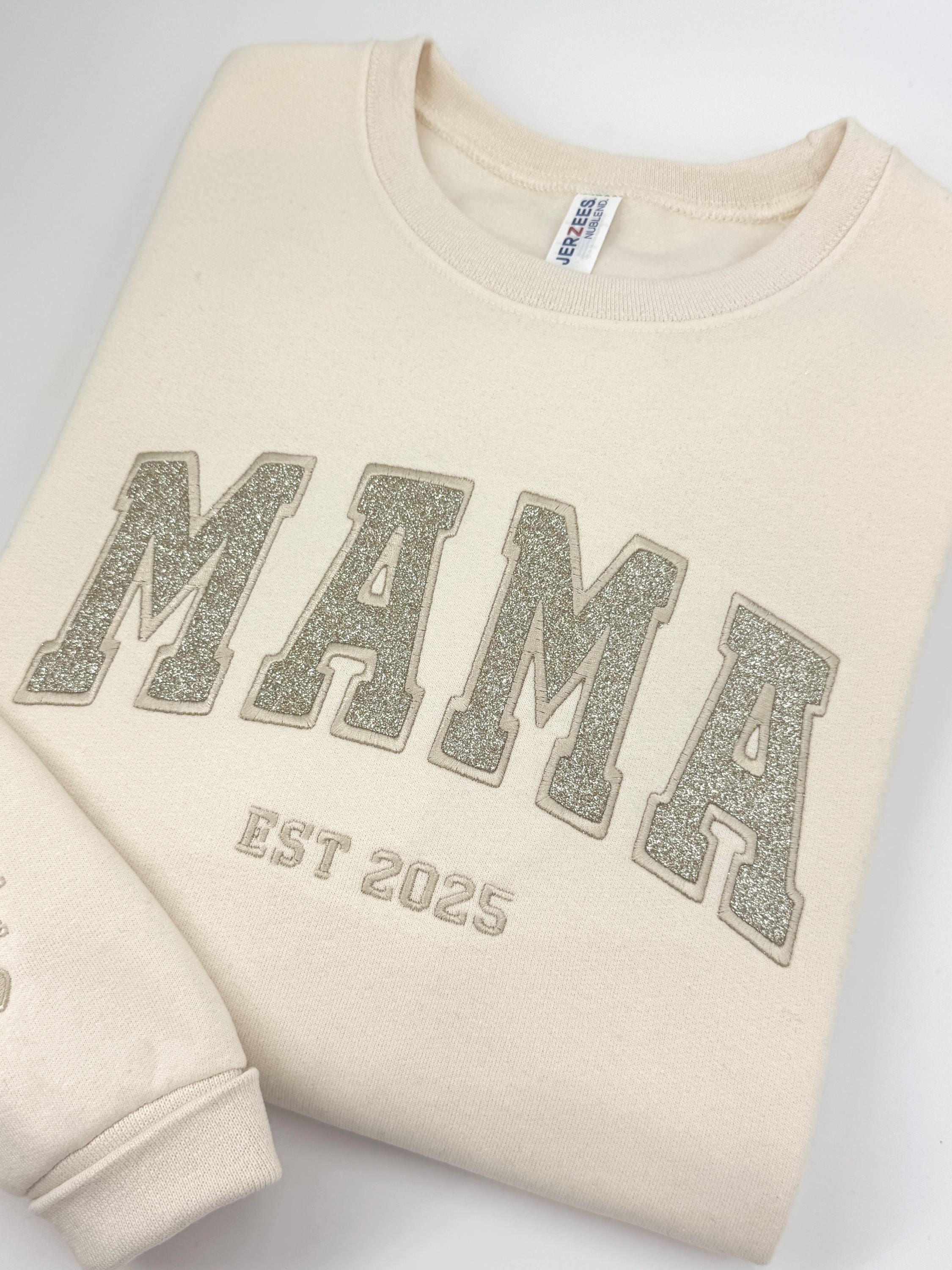 Custom Glitter Embroidered Mama Sweatshirt: Personalized Kids' Names