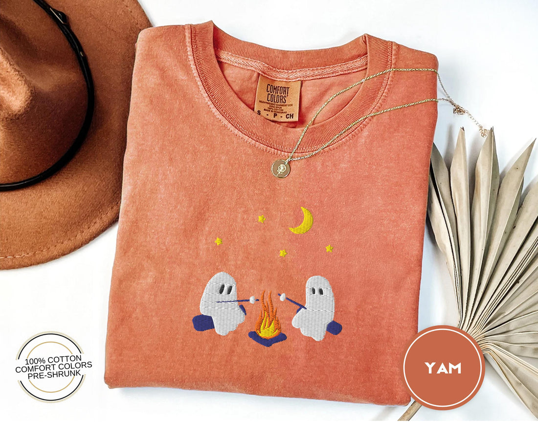 Cute Ghosts Camping Embroidered Comfort Colors Tee, Spooky Season Outdoors Gifts, Halloween Vintage Embroidery Tshirt