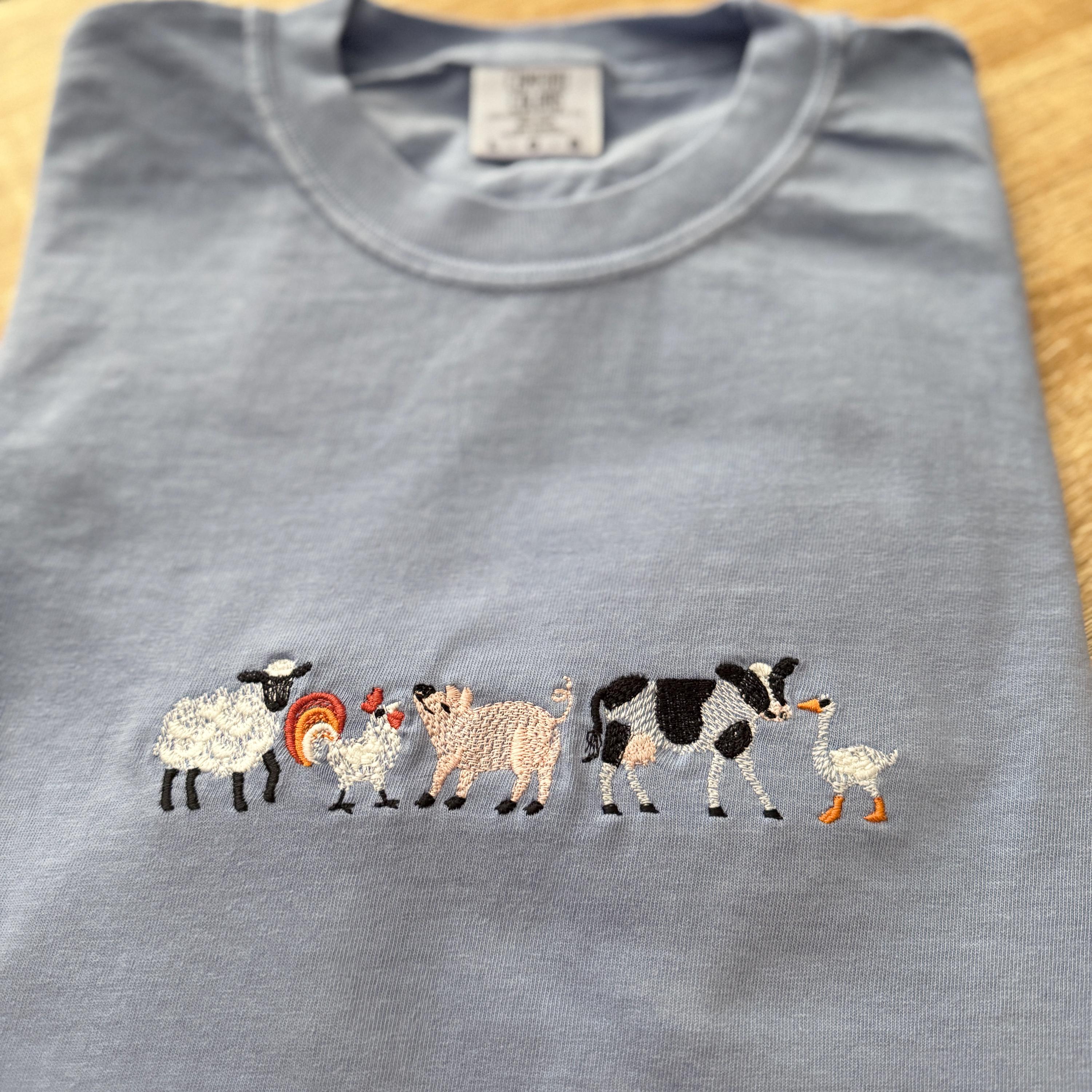 Embroidered Farm Animals Comfort Colors Tee, Custom Embroidered Ultra Soft Tee, Cute Every Day TShirt, Farm Animals Tee