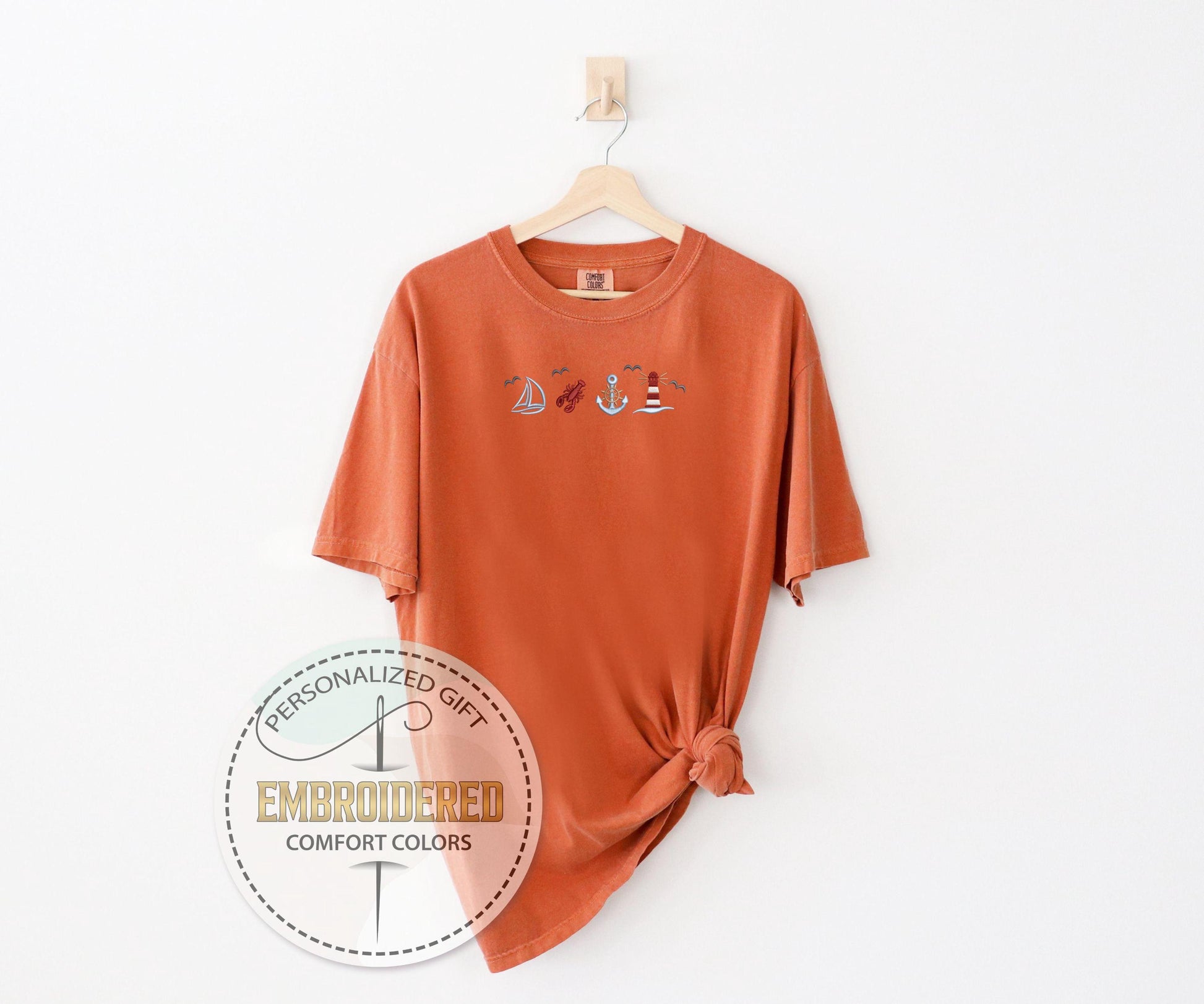 Nautical Embroidery Tee, Lobster Anchor Lighthouse Comfort Colors Shirt, Beach Adventure T-Shirt, Gift For Boat Lovers, Summer Ocean Tee