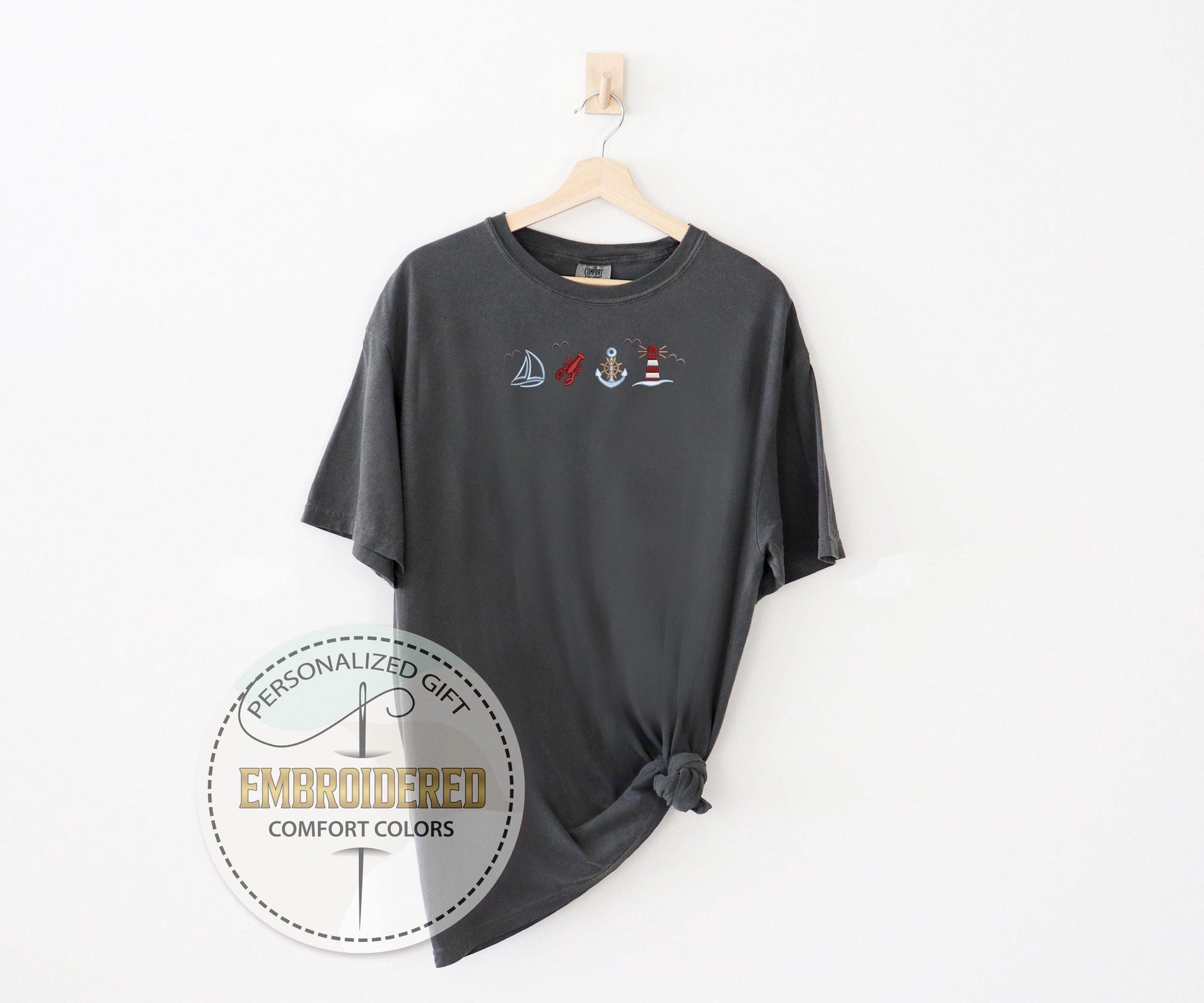 Nautical Embroidery Tee, Lobster Anchor Lighthouse Comfort Colors Shirt, Beach Adventure T-Shirt, Gift For Boat Lovers, Summer Ocean Tee