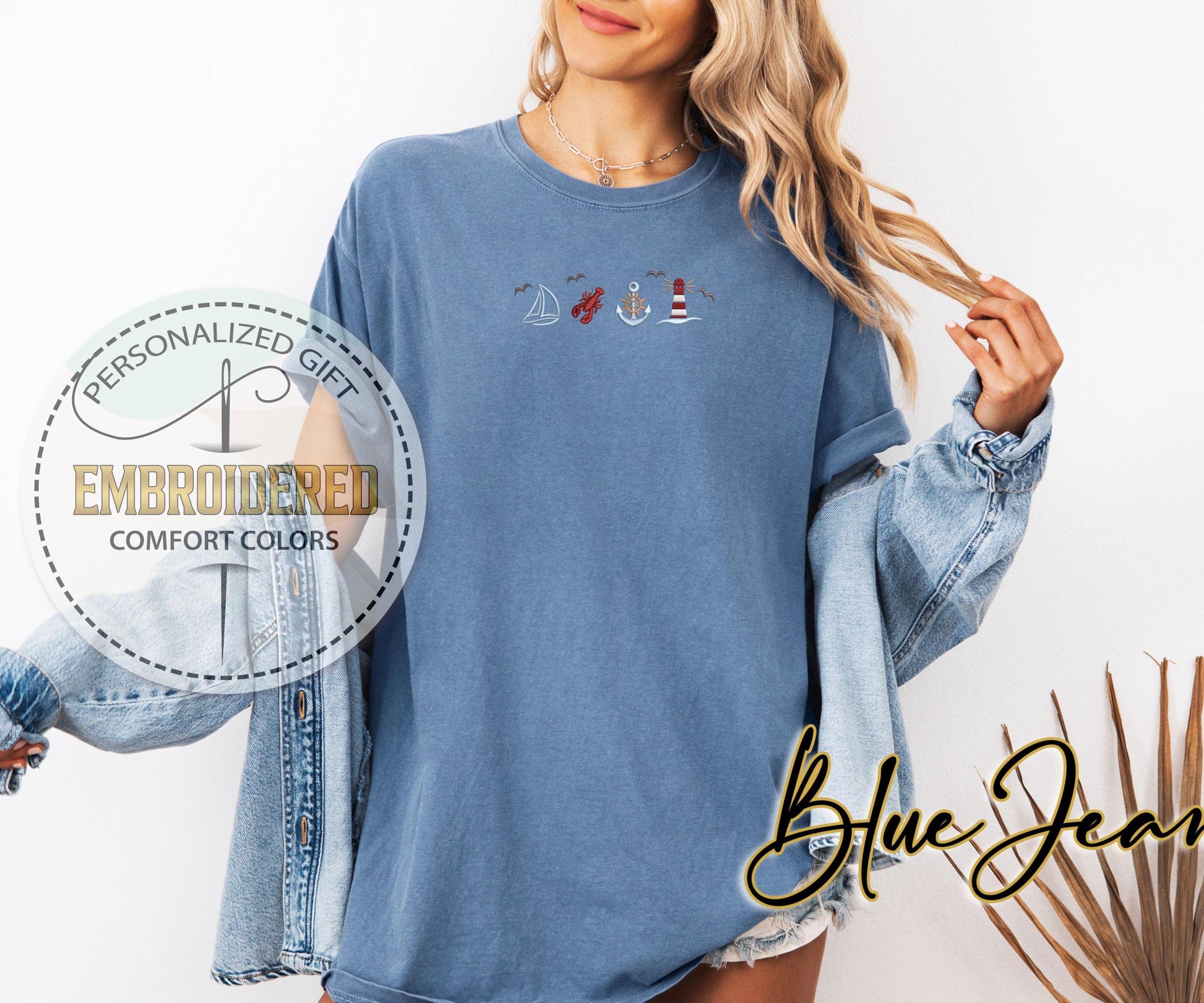 Nautical Embroidery Tee, Lobster Anchor Lighthouse Comfort Colors Shirt, Beach Adventure T-Shirt, Gift For Boat Lovers, Summer Ocean Tee