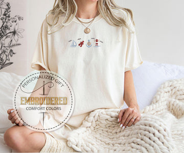 Nautical Embroidery Tee, Lobster Anchor Lighthouse Comfort Colors Shirt, Beach Adventure T-Shirt, Gift For Boat Lovers, Summer Ocean Tee