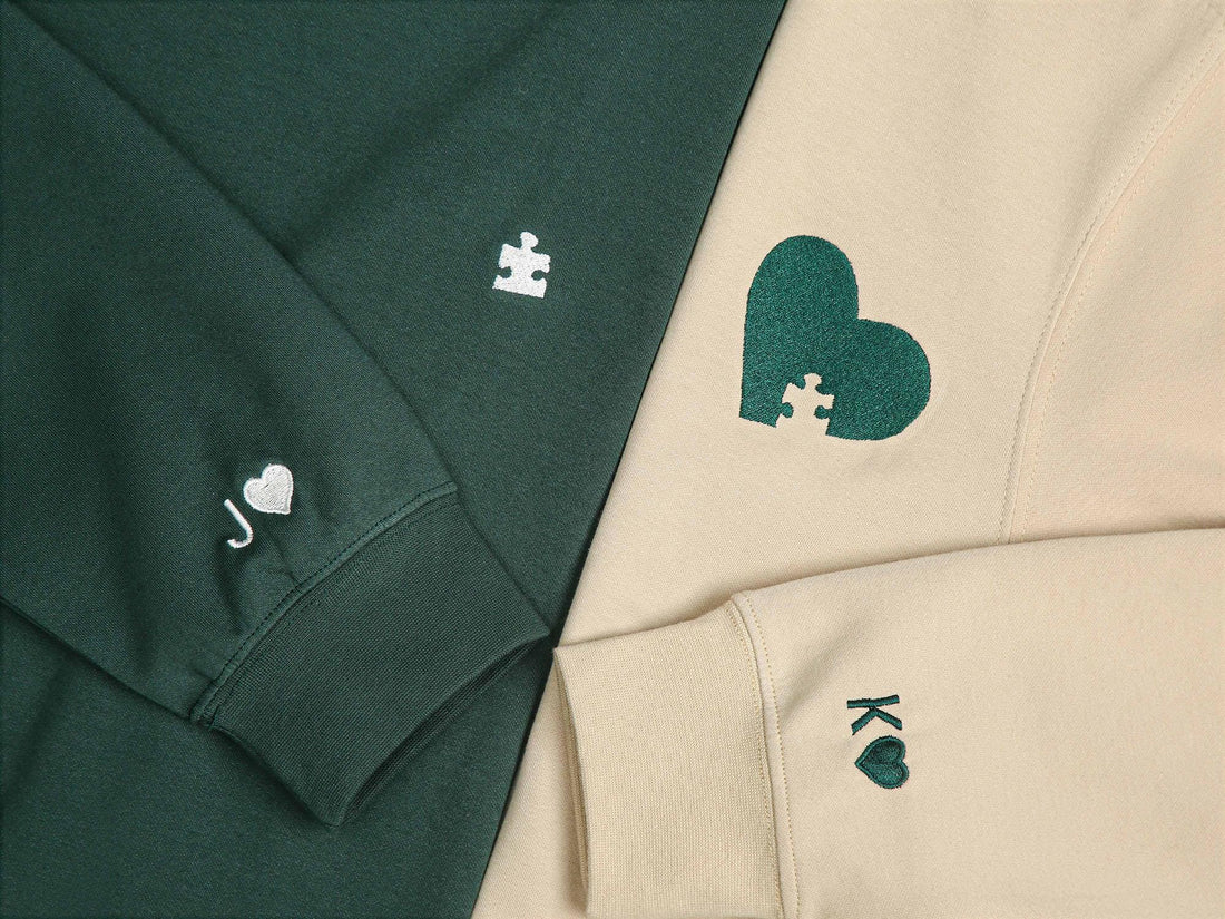 Custom Embroidered Couple Sweatshirt, Initial With Heart On Sleeve, Anniversary Gift