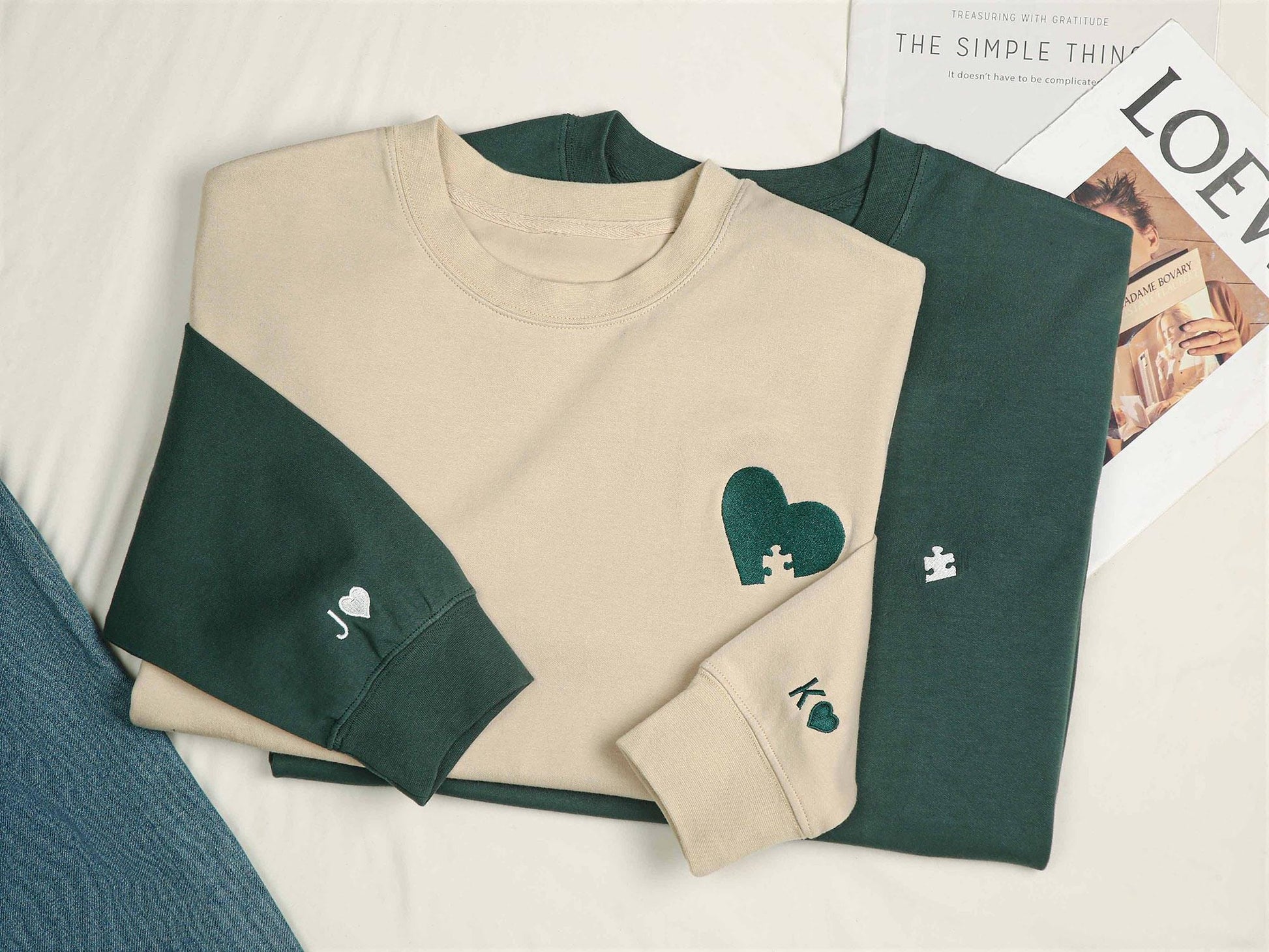 Custom Embroidered Couple Sweatshirt, Initial With Heart On Sleeve, Anniversary Gift