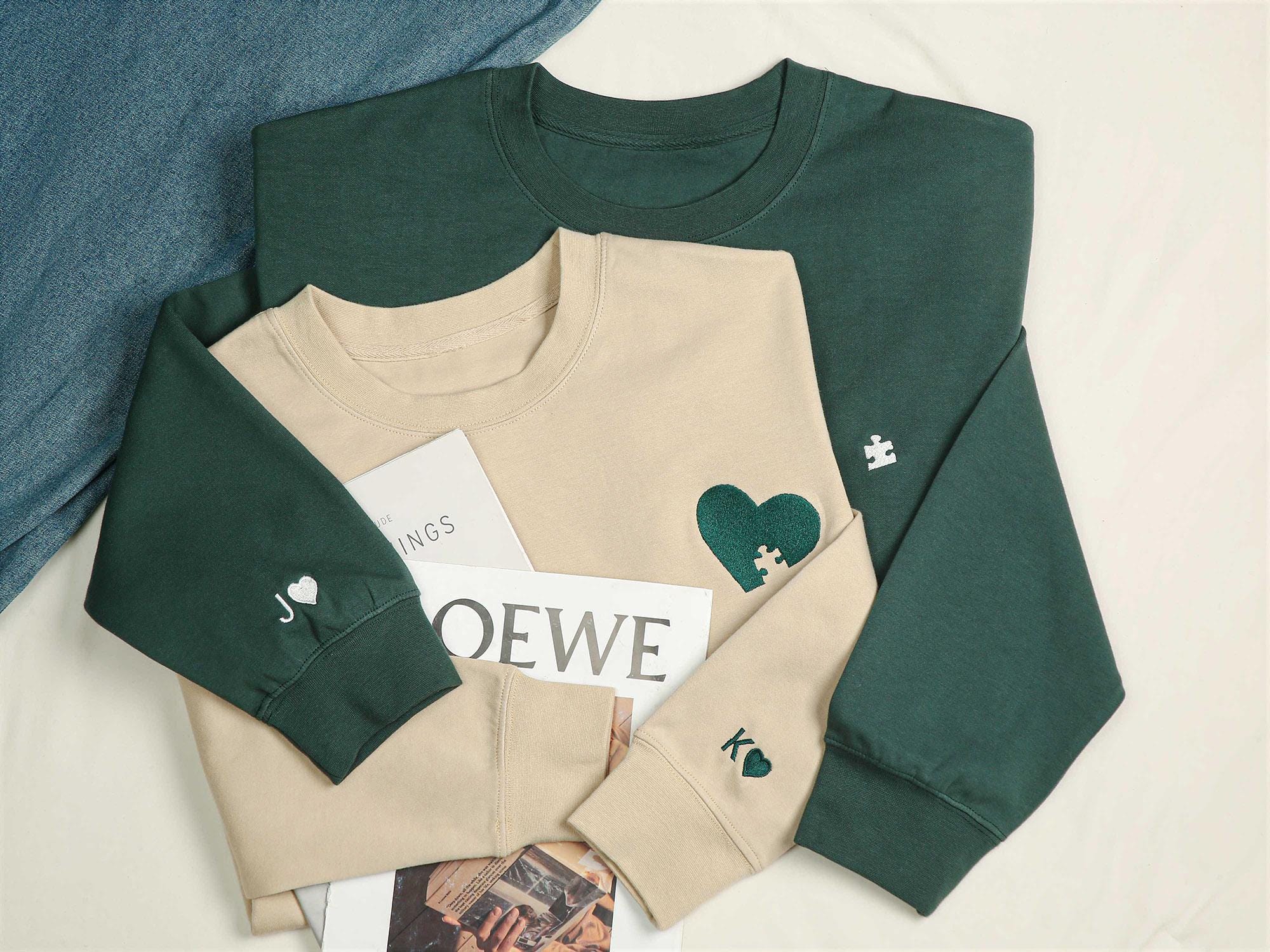 Custom Embroidered Couple Sweatshirt, Initial With Heart On Sleeve, Anniversary Gift