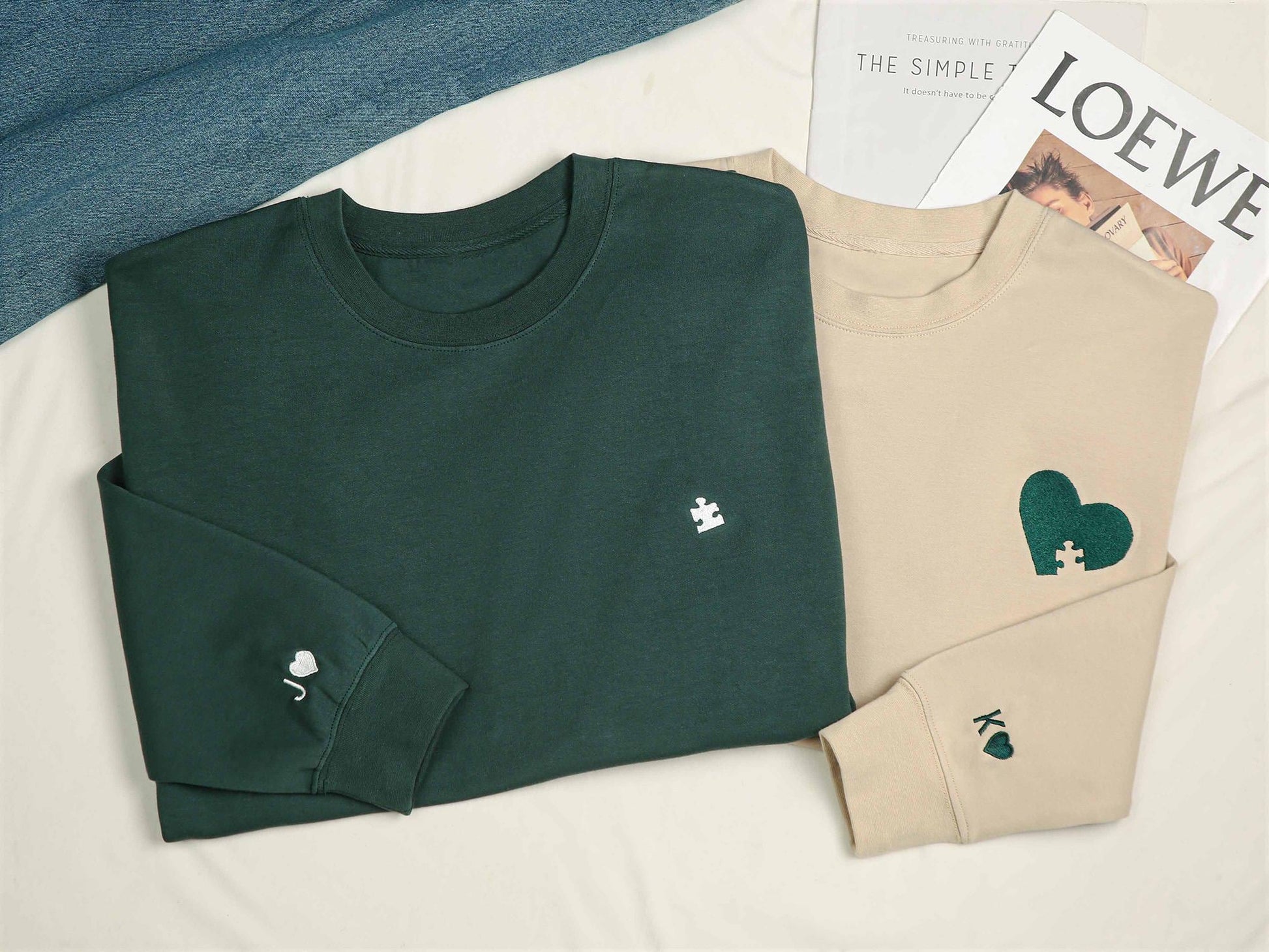 Custom Embroidered Couple Sweatshirt, Initial With Heart On Sleeve, Anniversary Gift