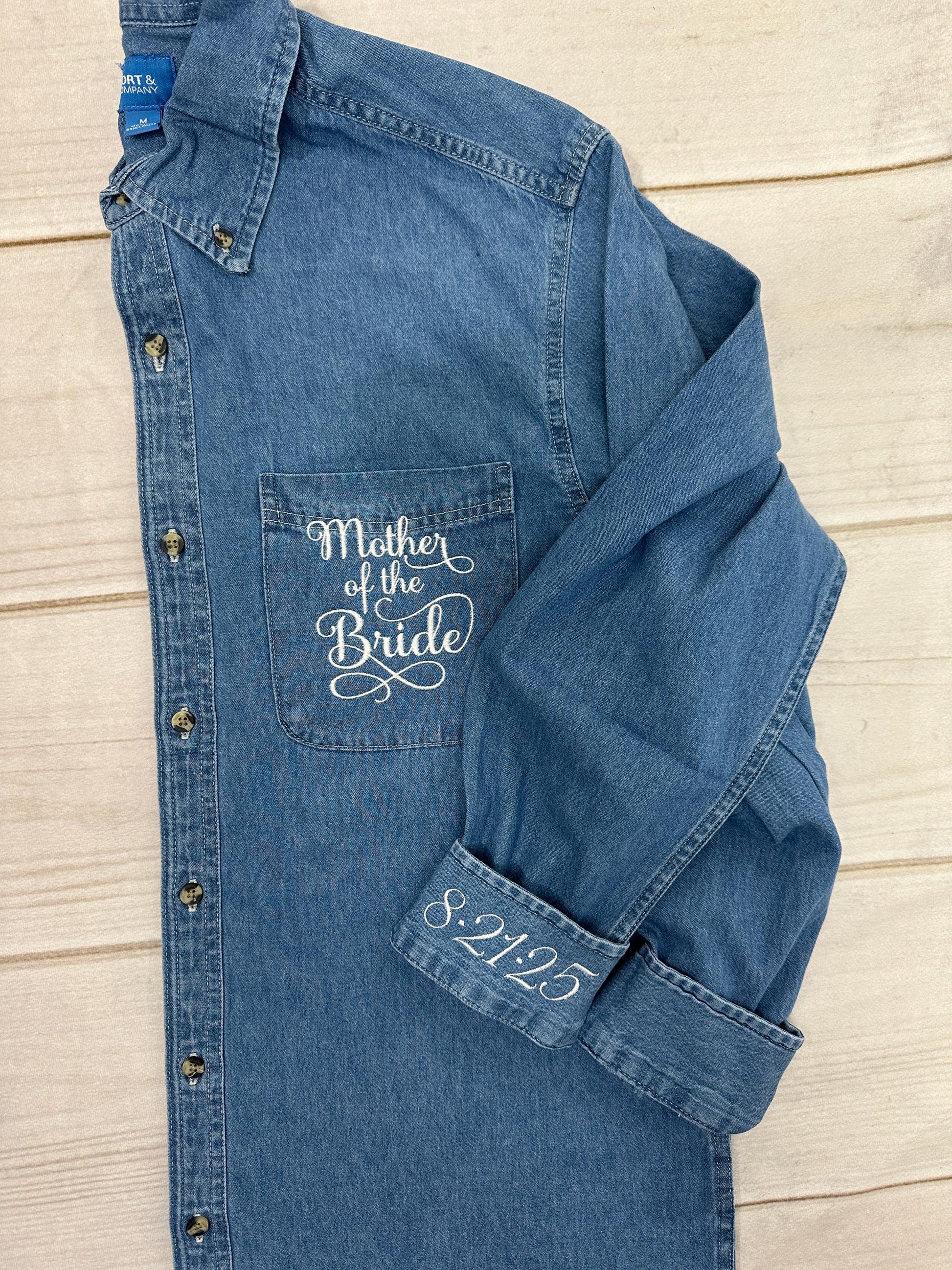 Wedding Party Shirts | Embroidered Pocket + Optional Cuff l Denim Shirts | Mother of the Bride - Bridesmaids | Button Down Shirt