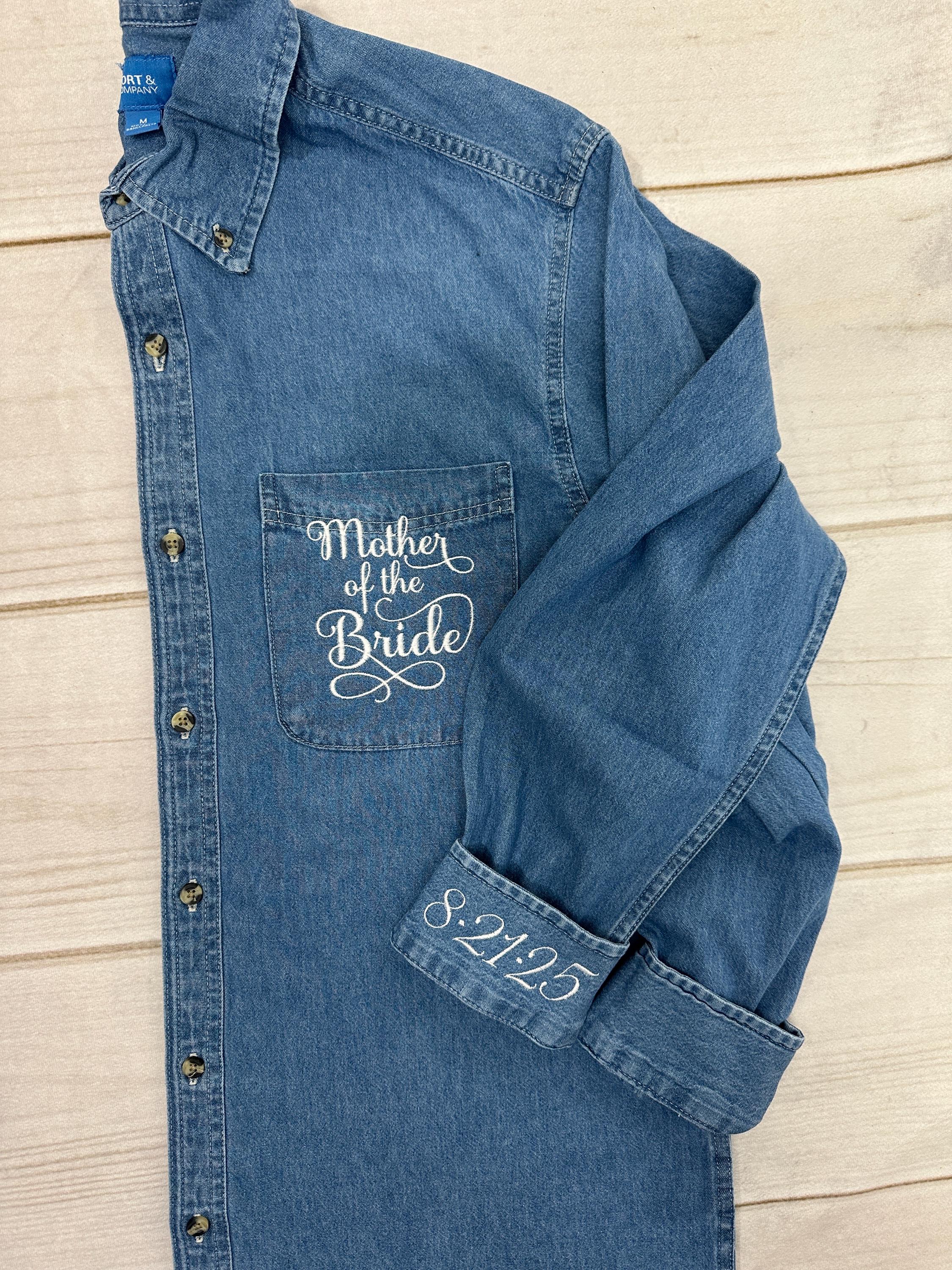Wedding Party Shirts | Embroidered Pocket + Optional Cuff l Denim Shirts | Mother of the Bride - Bridesmaids | Button Down Shirt