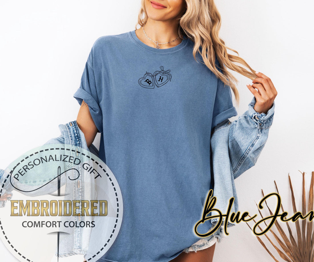 Embroidered Heart Locket Initials Tee, Coquette Comfort Colors Shirt, Personalized Bride Tshirt, Vintage Wedding Gift, Embroidery T-shirt