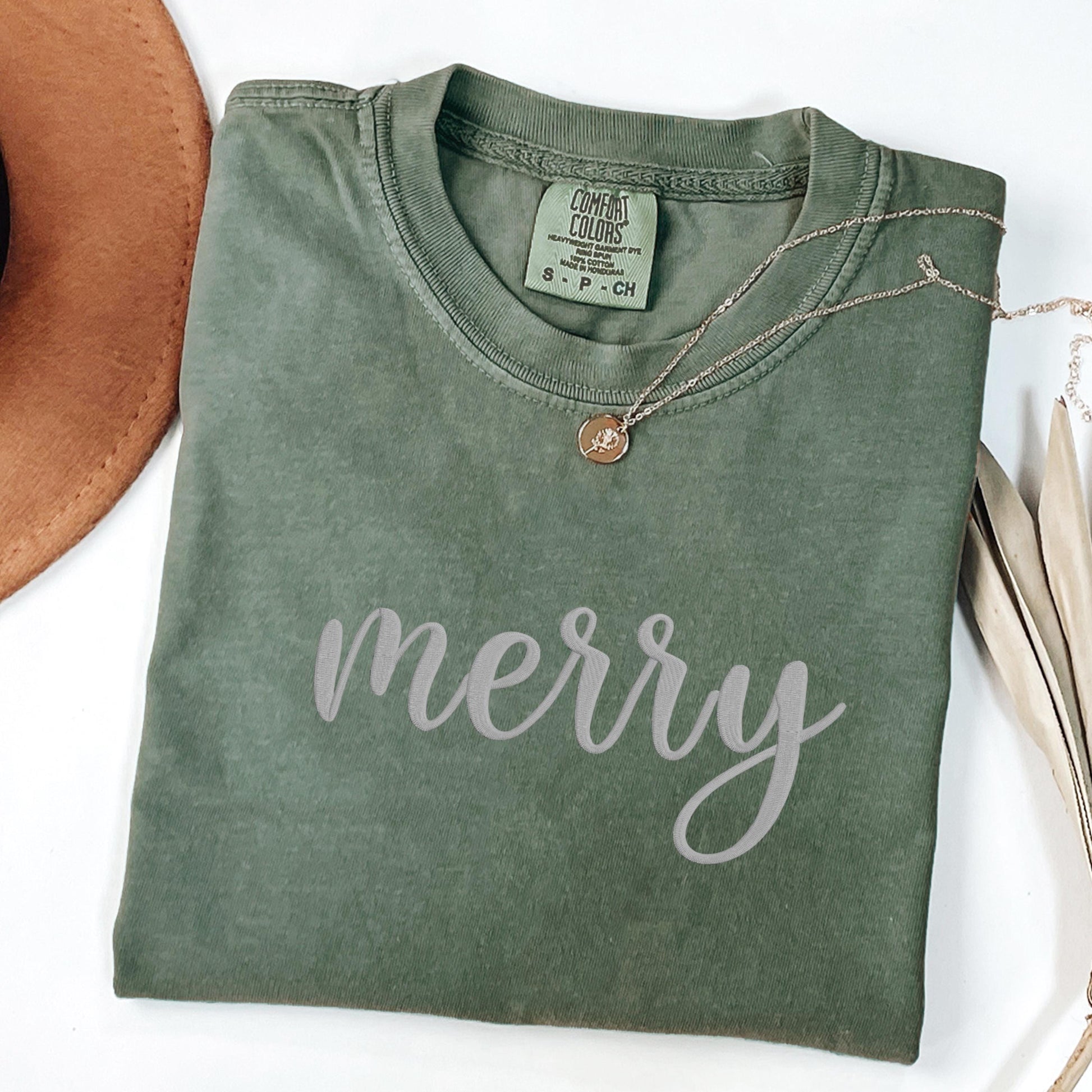 Merry Christmas Embroidered Comfort Colors Shirt: Unisex Holiday Tee