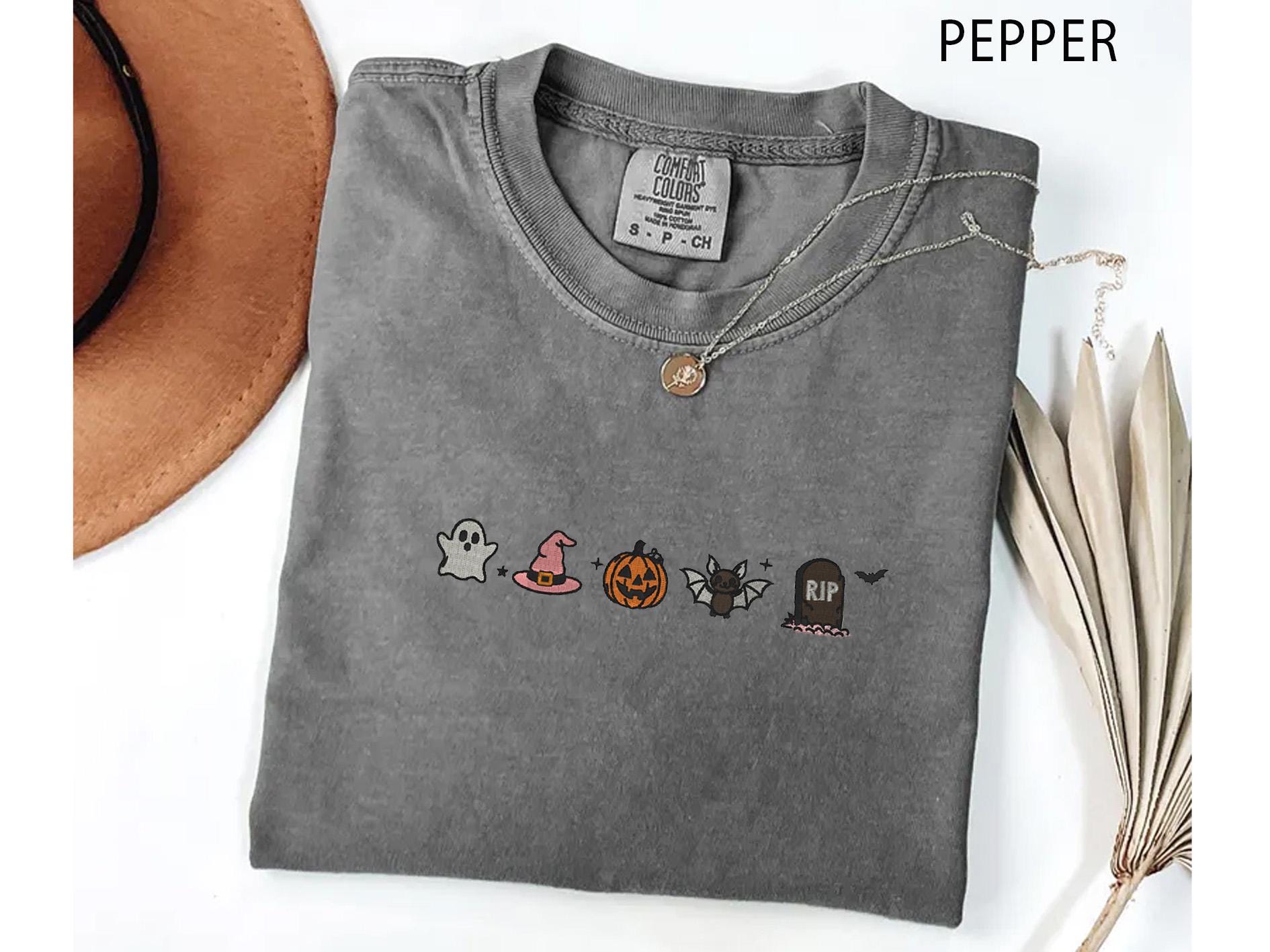 Cute Halloween Embroidery Comfort Colors® Shirt, Minimalist Halloween Embroidery Shirt, Spooky Season Embroidery Tee