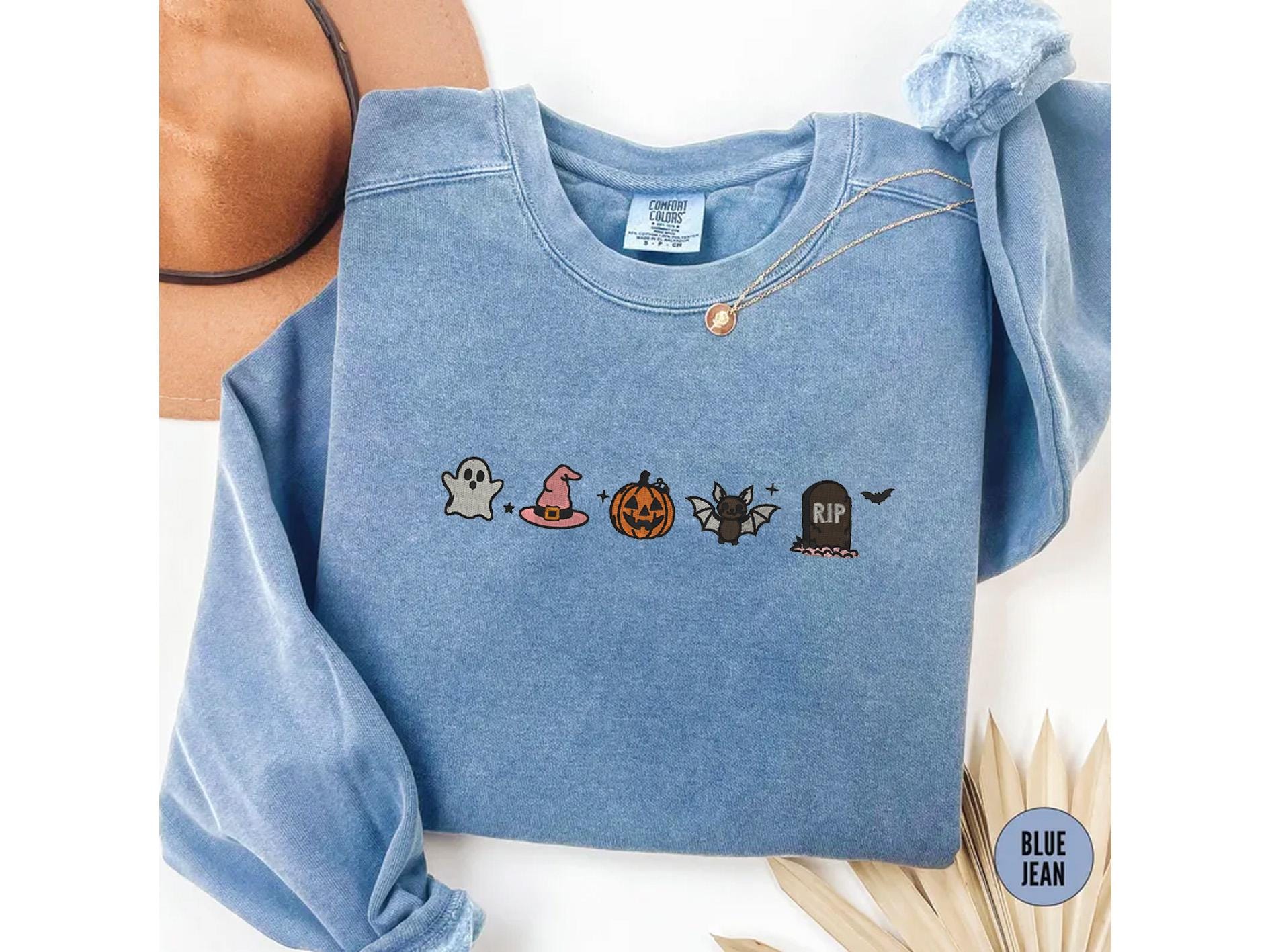 Cute Halloween Embroidery Comfort Colors® Shirt, Minimalist Halloween Embroidery Shirt, Spooky Season Embroidery Tee