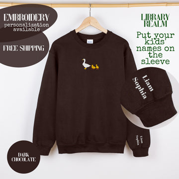 Custom Embroidered Goose Sweatshirt, Custom Names Mama Of Two Crewneck Sweatshirt, Silly Goose Twin Mama, Kids Names On The Sleeve