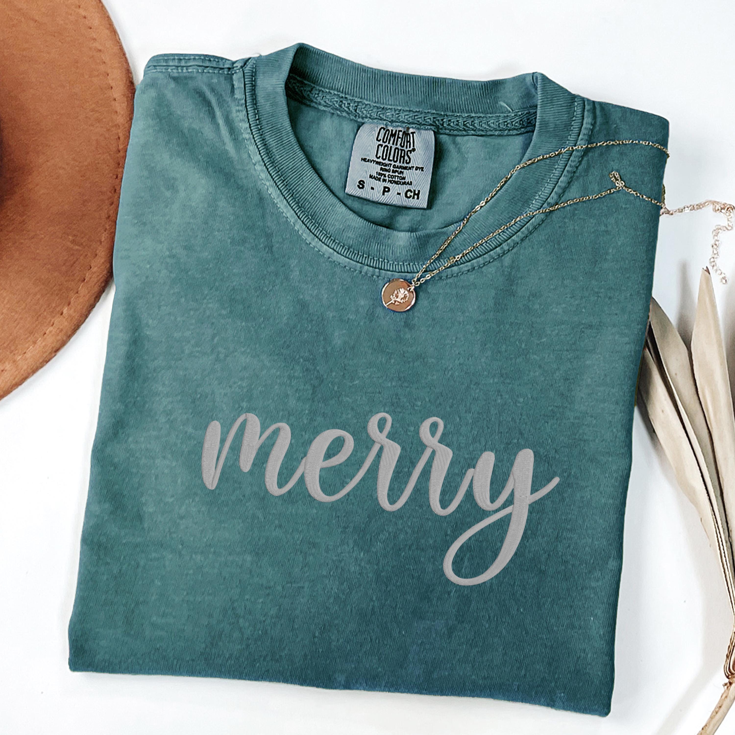 Merry Christmas Embroidered Comfort Colors Shirt: Unisex Holiday Tee