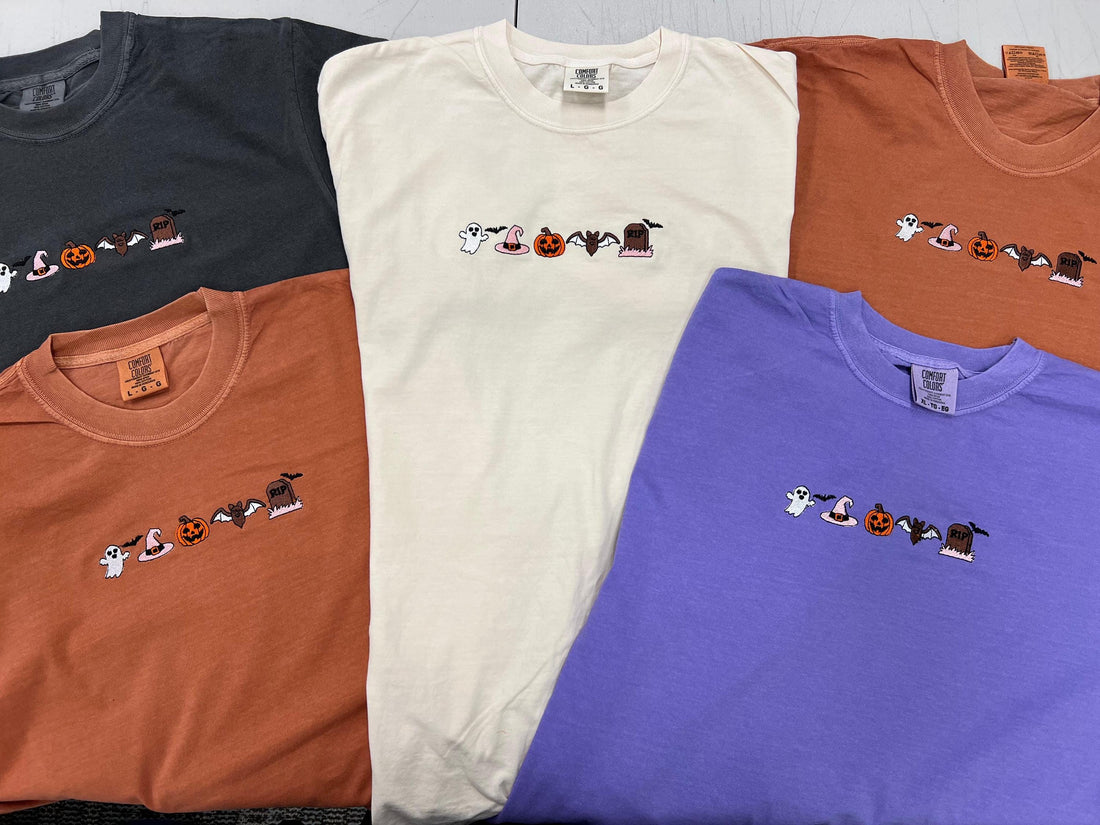 Cute Halloween Embroidery Comfort Colors® Shirt, Minimalist Halloween Embroidery Shirt, Spooky Season Embroidery Tee