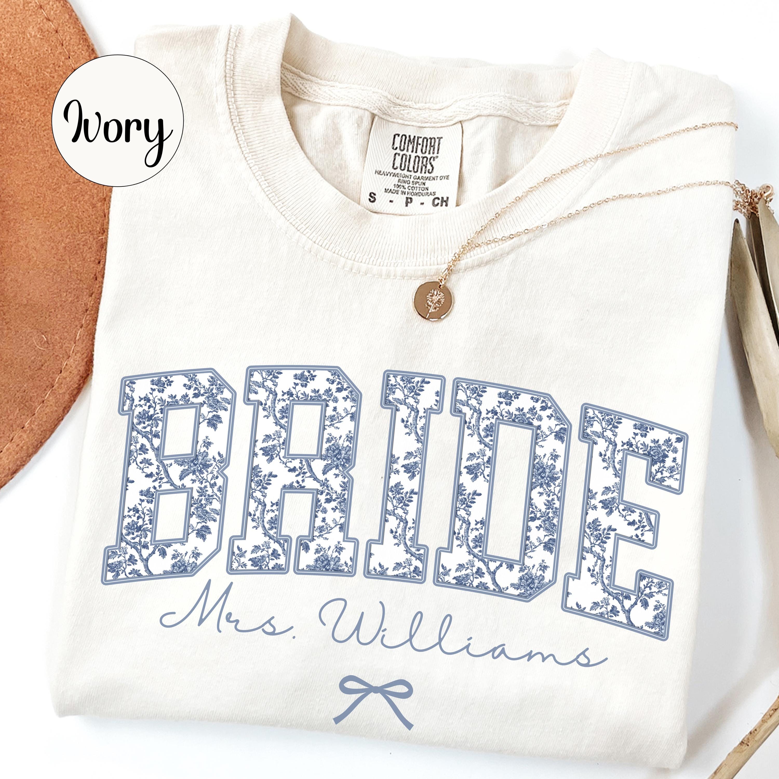 Custom Bride Shirt Blue Toile, Personalized Mrs Name Bridal Shower Gift, Chinoiserie Bride Tee, Engagement Day Getting Ready, Bachelorette