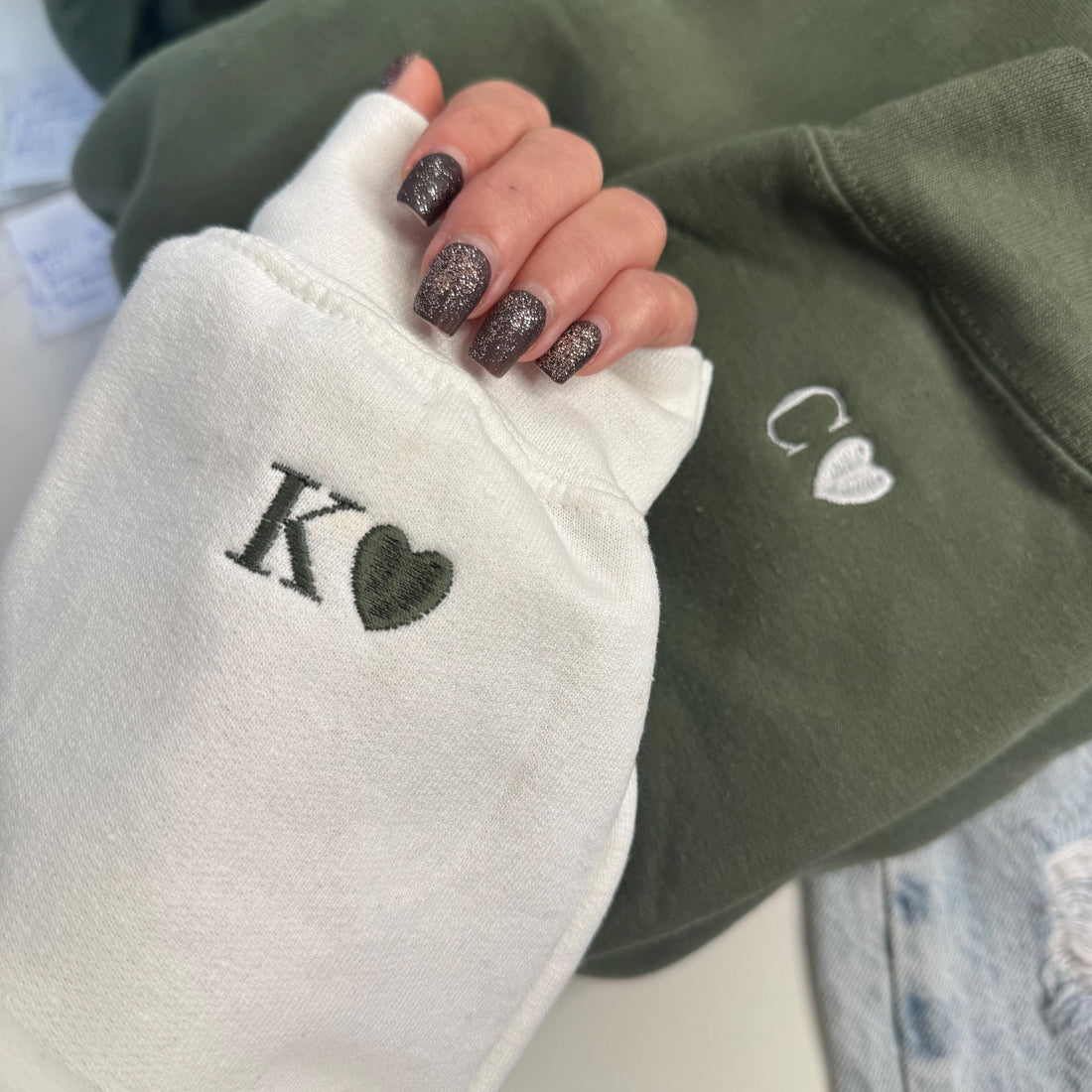 Custom Embroidered Initial Heart Sweatshirt, Valentines Day, Couple Crewneck, Initial On Sleeve, Couple's Shirt, Anniversary Gift,