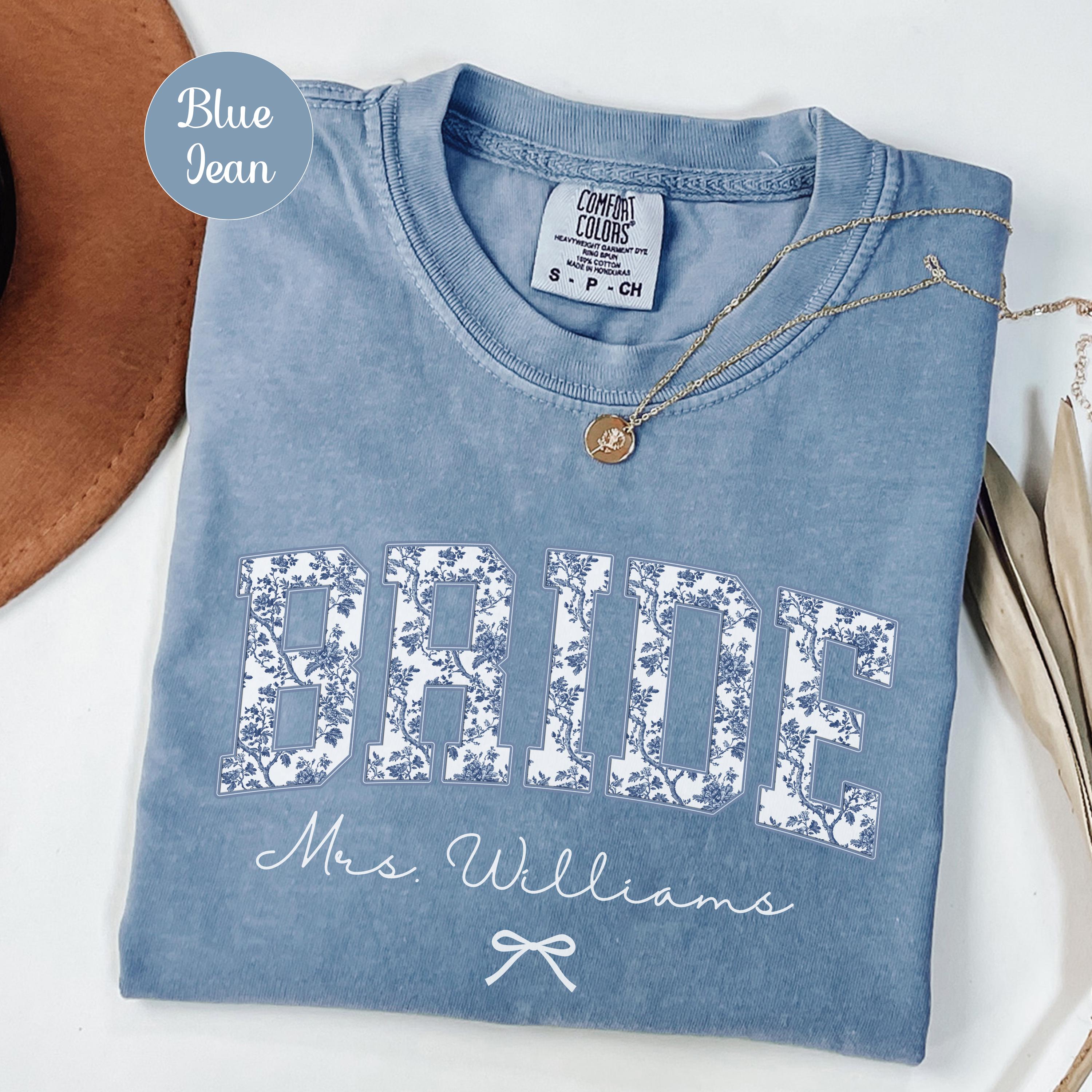 Custom Bride Shirt Blue Toile, Personalized Mrs Name Bridal Shower Gift, Chinoiserie Bride Tee, Engagement Day Getting Ready, Bachelorette