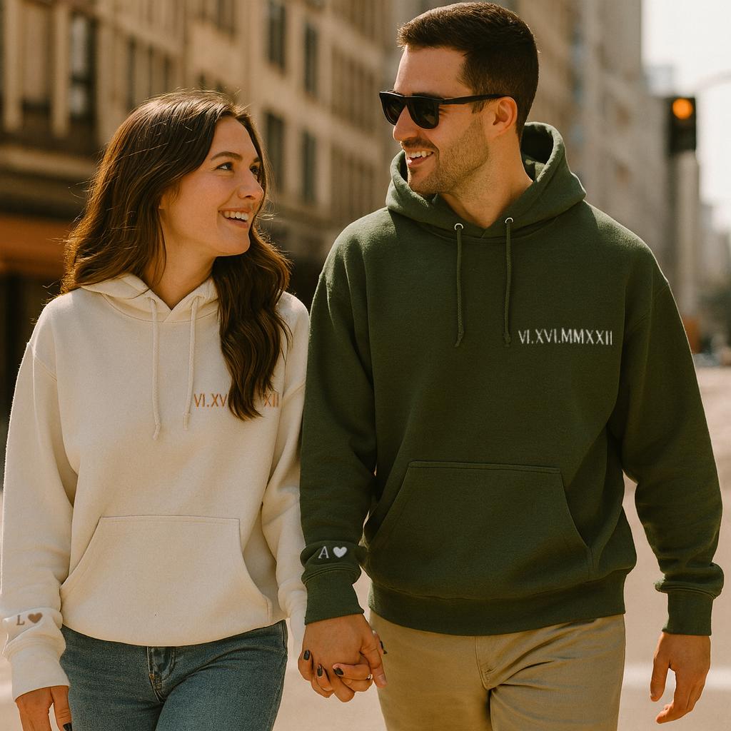 Personalized Embroidered Couple Matching Hoodie Roman Numeral Hoodie Couple Hoodies GIft Anniversary Gift Anniversary Gift for Her