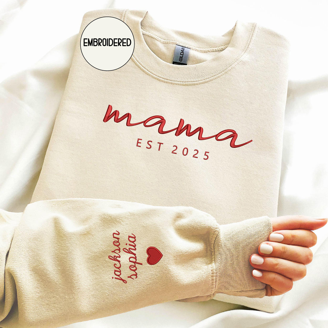 Embroidered Mama Sweatshirt , Personalized Kids Names & Date - Christmas New Mom Gift
