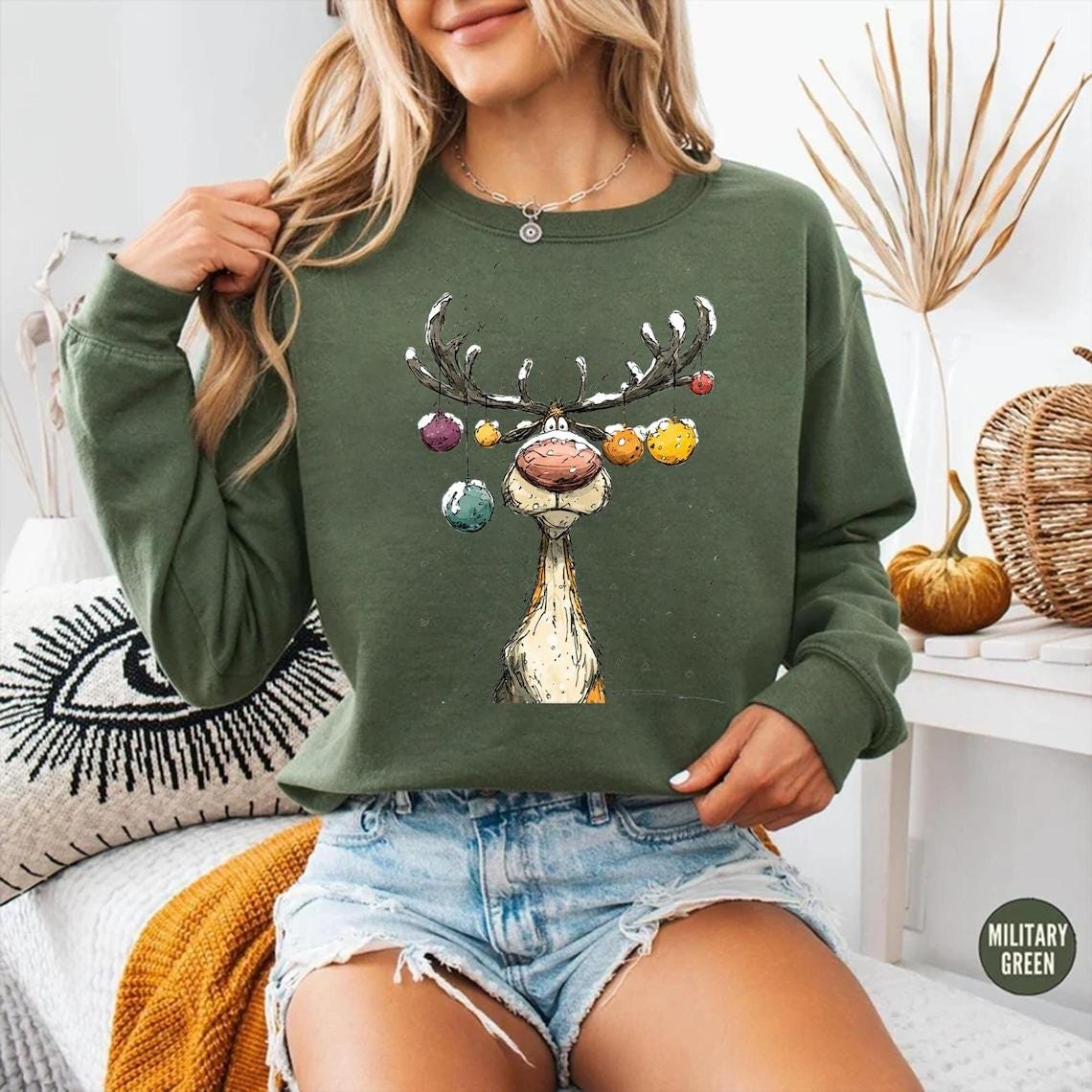 Reindeer Sweatshirt, Cute Christmas tShirt, Retro Reindeer Hoodie, Merry Christmas Tee Shirt, Christmas Reindeer Shirt Gift,Xmas Long Sleeve