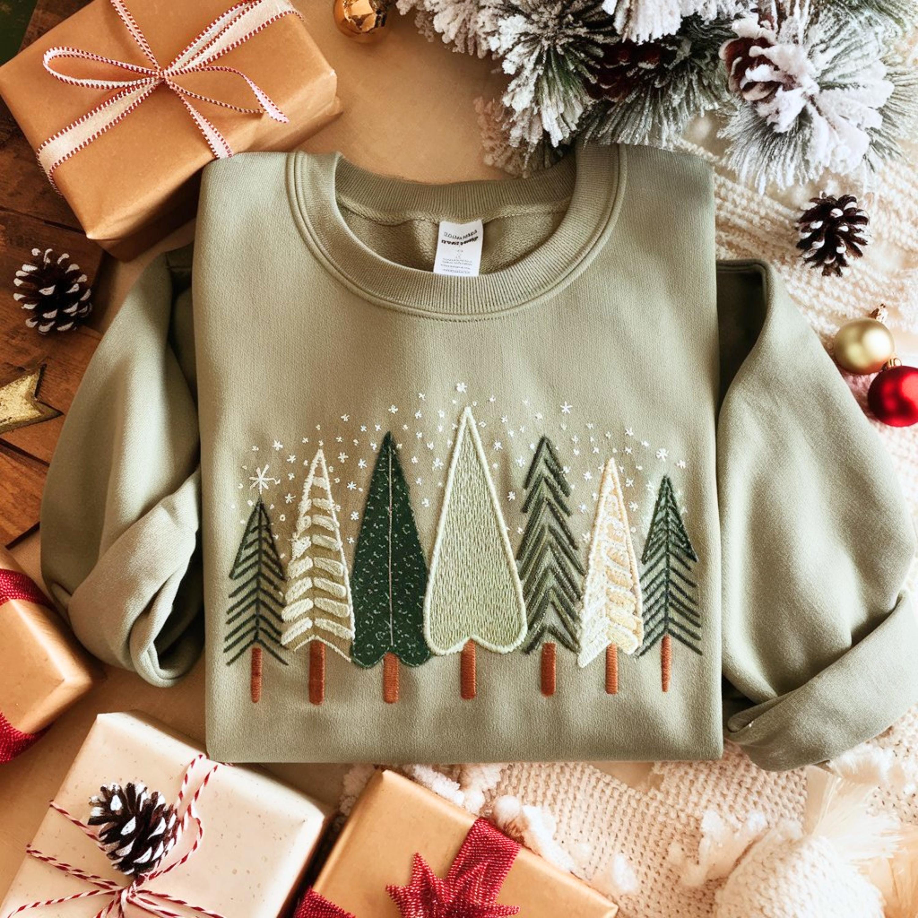 Christmas Tree Embroidered Sweatshirt, Winter Trees Embroidery Shirt, Xmas Season Gifts