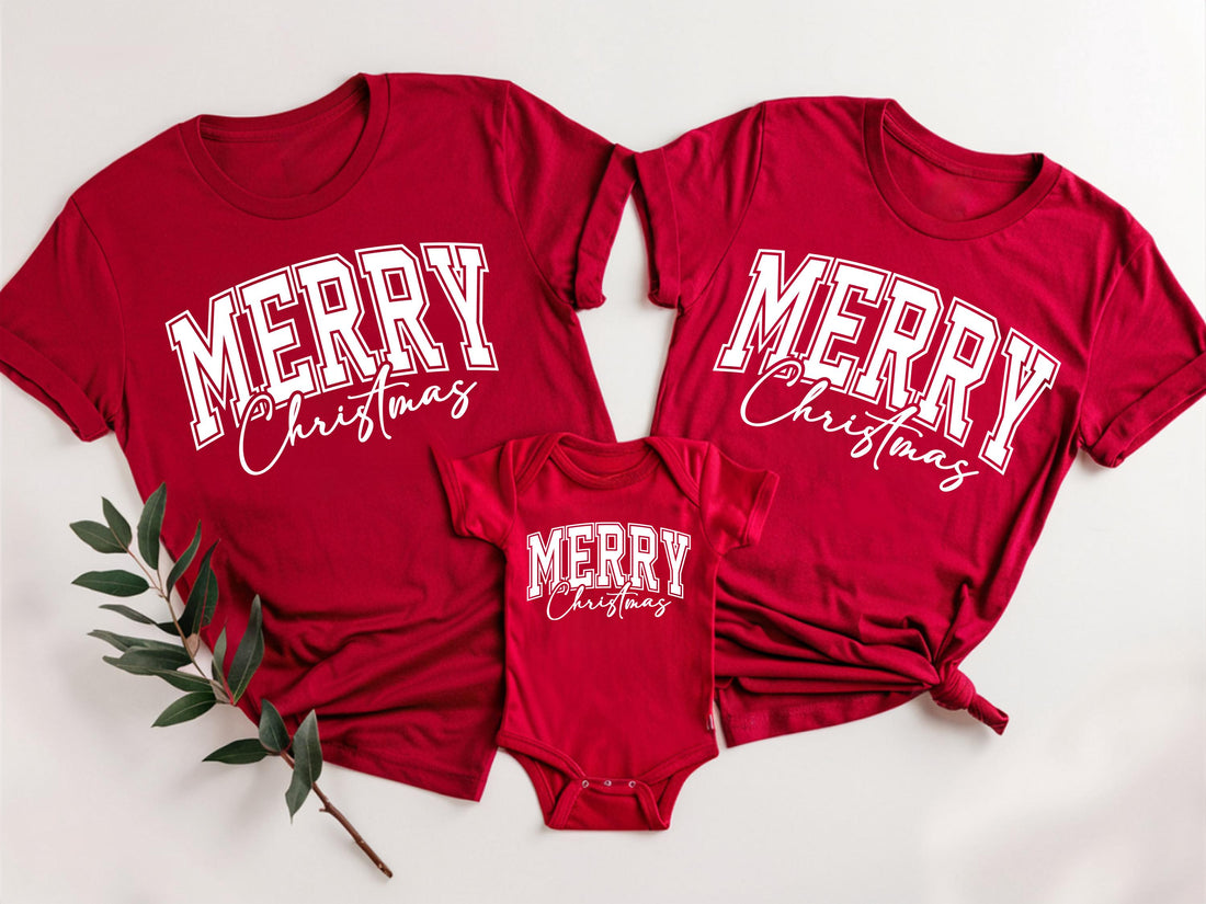 Merry Christmas Family Matching Shirts, Red Christmas Tees for Mom Dad Baby, Holiday Outfit, Cute Family Christmas T-Shirt Set