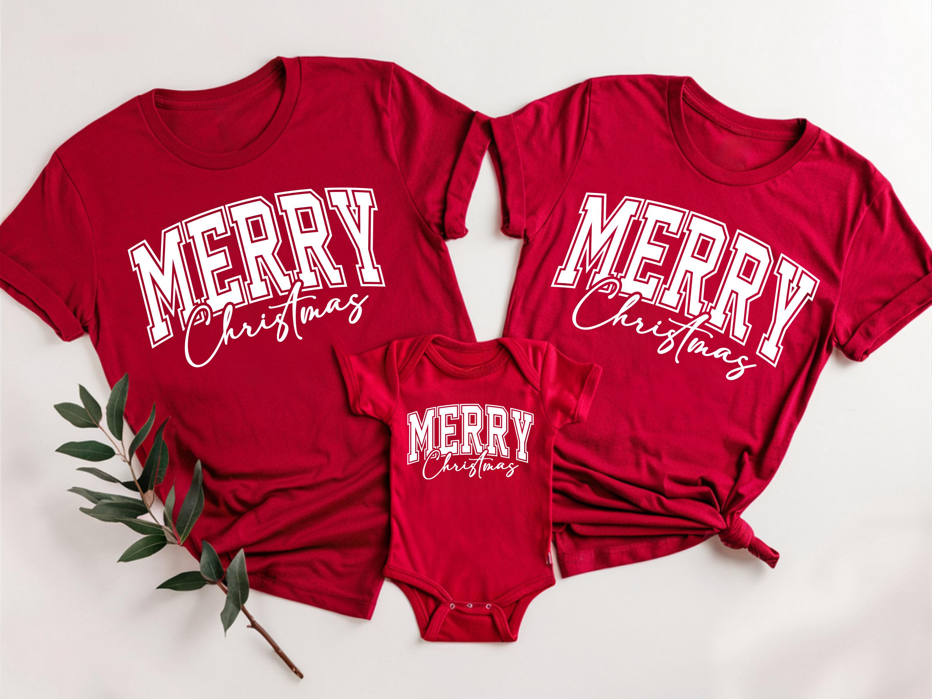Merry Christmas Family Matching Shirts, Red Christmas Tees for Mom Dad Baby, Holiday Outfit, Cute Family Christmas T-Shirt Set