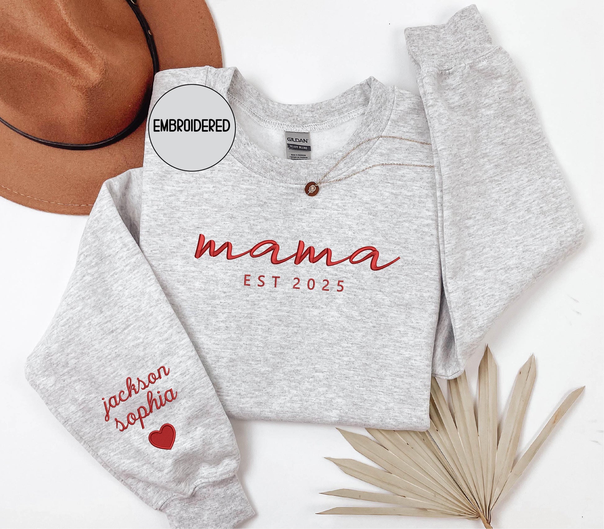 Embroidered Mama Sweatshirt , Personalized Kids Names & Date - Christmas New Mom Gift