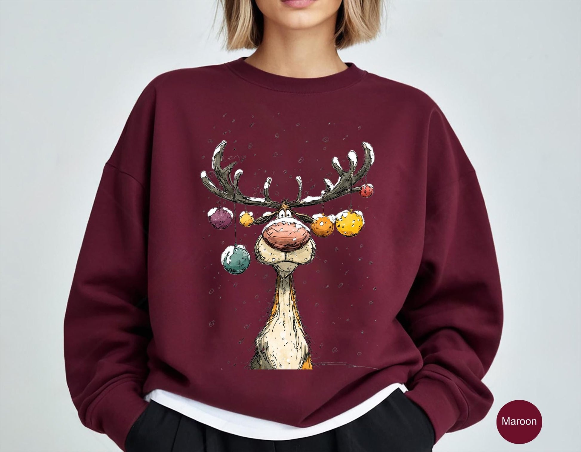 Reindeer Sweatshirt, Cute Christmas tShirt, Retro Reindeer Hoodie, Merry Christmas Tee Shirt, Christmas Reindeer Shirt Gift,Xmas Long Sleeve