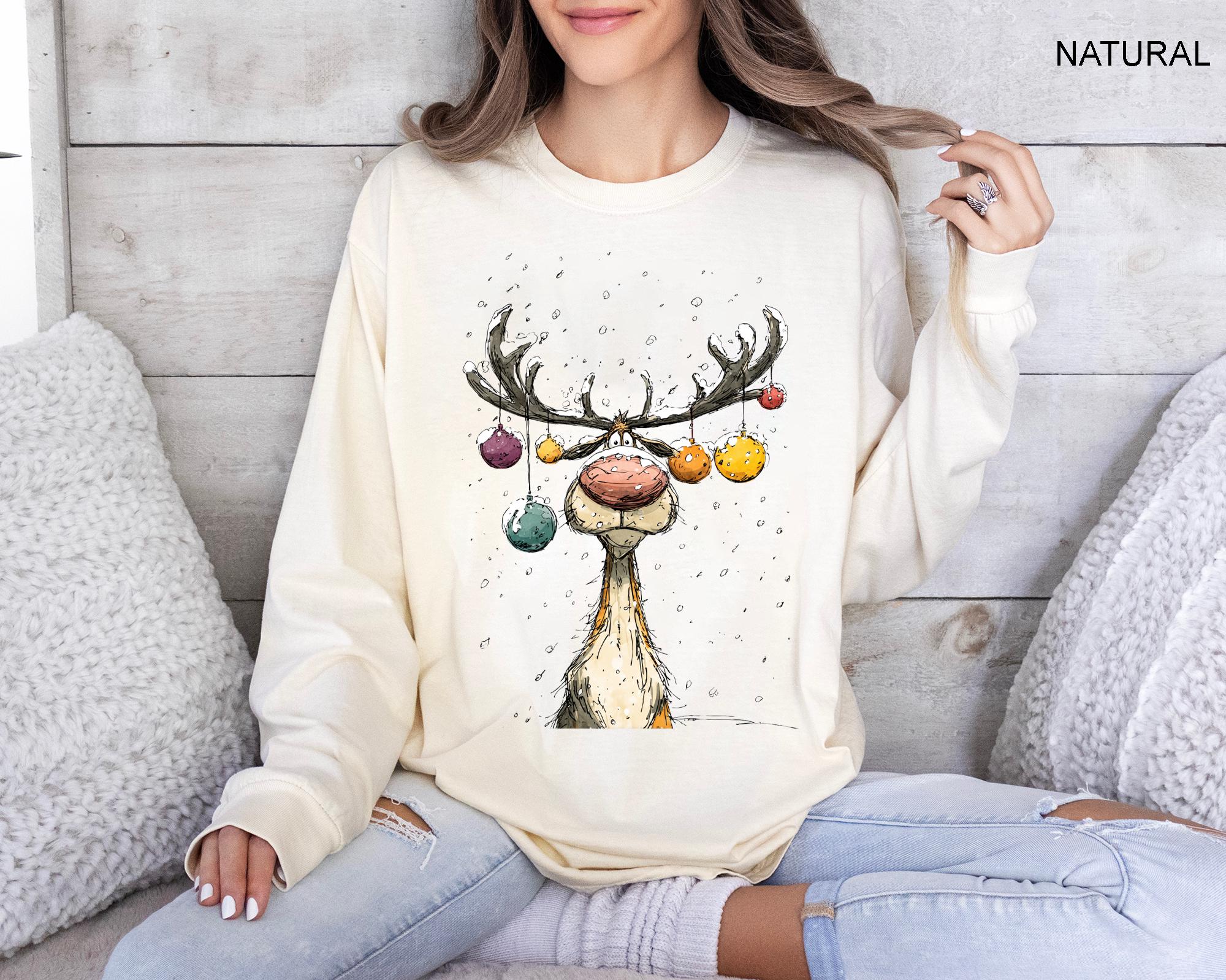 Reindeer Sweatshirt, Cute Christmas tShirt, Retro Reindeer Hoodie, Merry Christmas Tee Shirt, Christmas Reindeer Shirt Gift,Xmas Long Sleeve