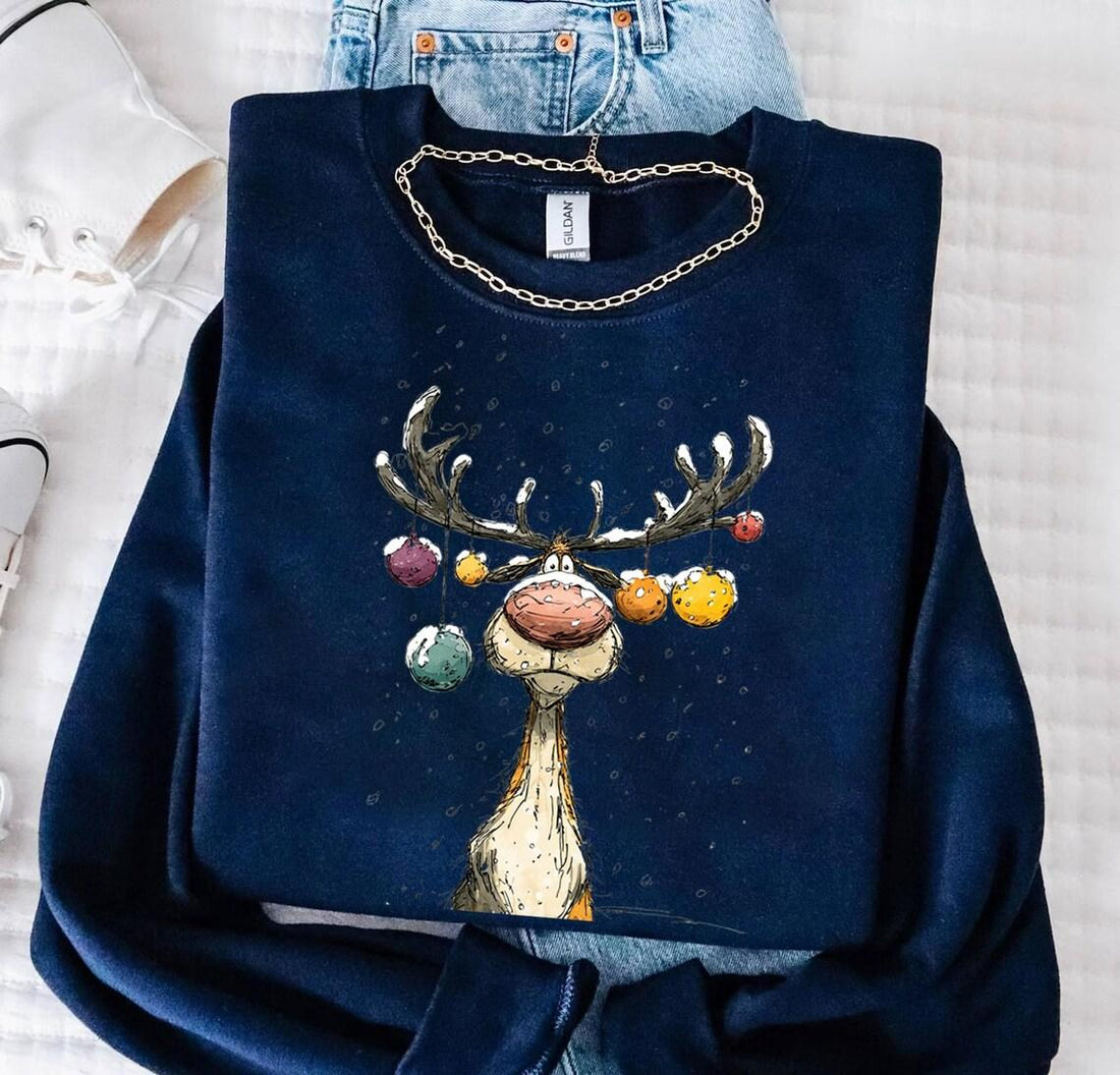 Reindeer Sweatshirt, Cute Christmas tShirt, Retro Reindeer Hoodie, Merry Christmas Tee Shirt, Christmas Reindeer Shirt Gift,Xmas Long Sleeve
