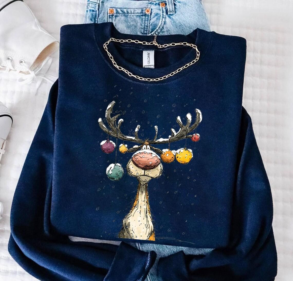 Reindeer Sweatshirt, Cute Christmas tShirt, Retro Reindeer Hoodie, Merry Christmas Tee Shirt, Christmas Reindeer Shirt Gift,Xmas Long Sleeve