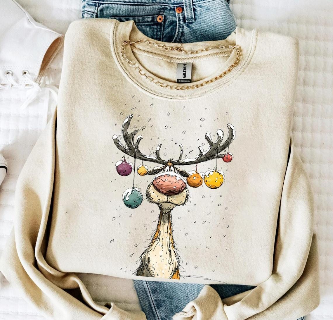 Reindeer Sweatshirt, Cute Christmas tShirt, Retro Reindeer Hoodie, Merry Christmas Tee Shirt, Christmas Reindeer Shirt Gift,Xmas Long Sleeve