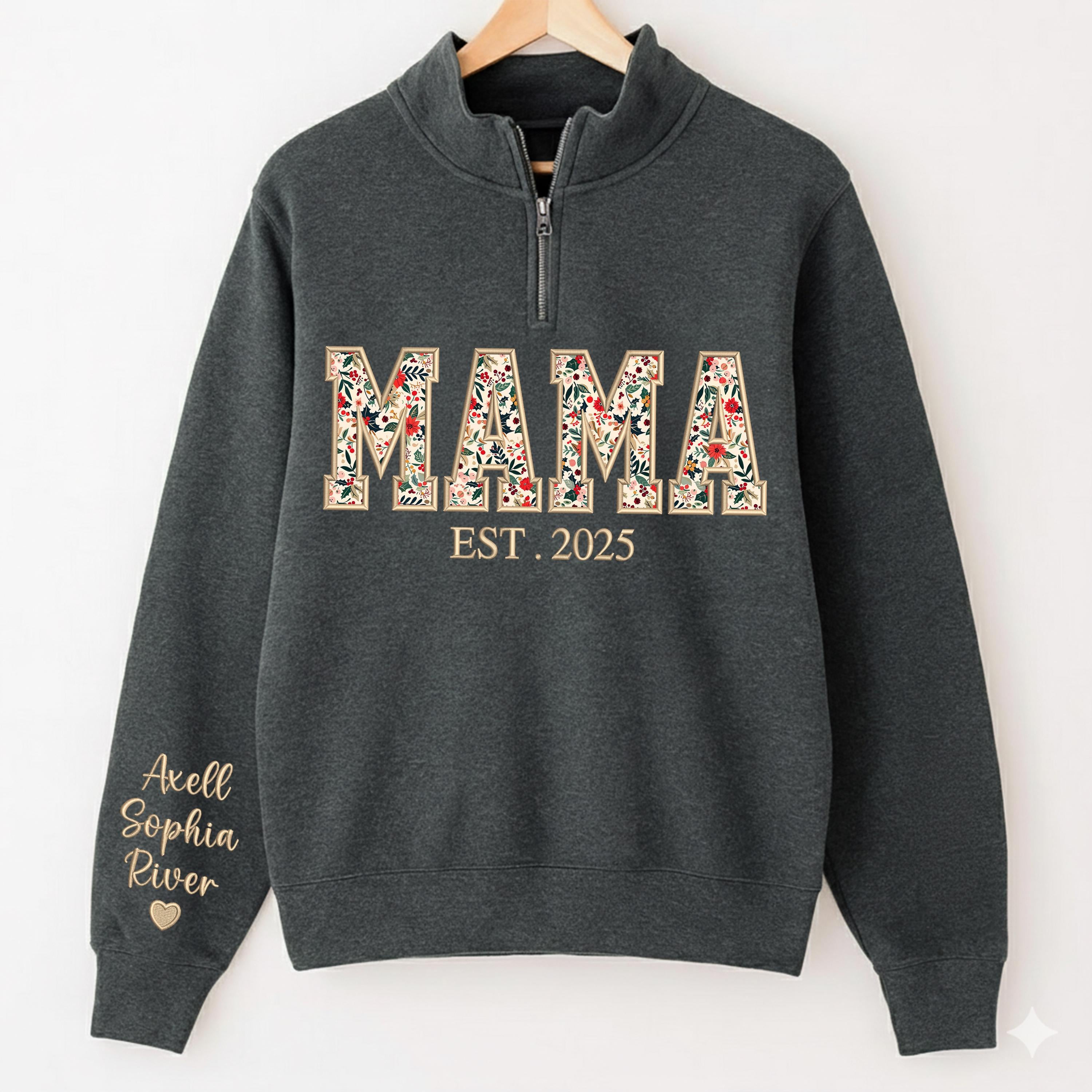 Custom Embroidered Mama Zip Sweatshirt, Mama Floral Applique Sweatshirt, Gifts For Grandma, New Grandma Gifts, Nana, Gigi, Mimi Hoodies