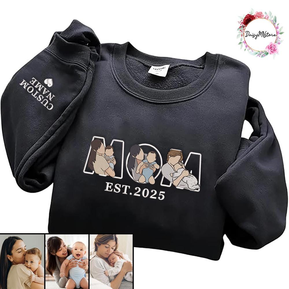Embroidered Mama Sweatshirt with Photo, Custom Embroidered Mama and Kids Portrait, Embroidery Shirt For Mom Mama Mommy, Mother's Day Gift