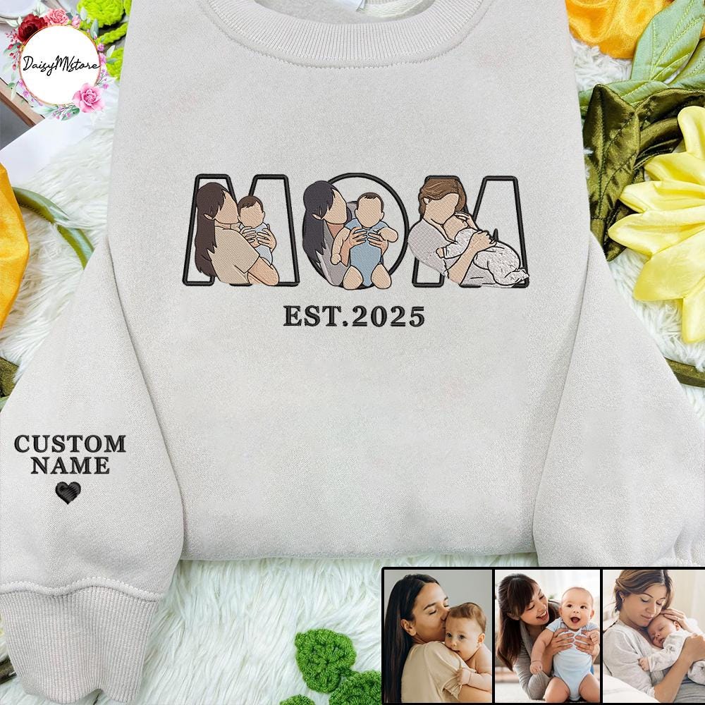 Embroidered Mama Sweatshirt with Photo, Custom Embroidered Mama and Kids Portrait, Embroidery Shirt For Mom Mama Mommy, Mother's Day Gift